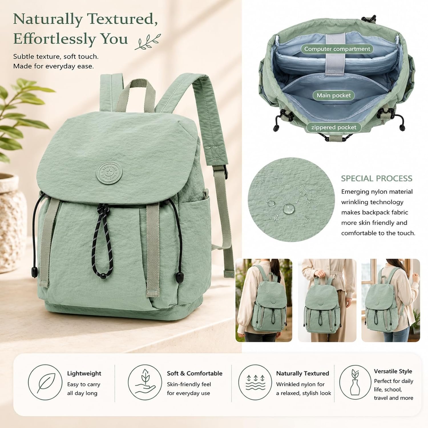 Women's Lightweight Backpack Purse, Water Resistant Nylon Casual Travel Backpack with Multiple Pockets, Fashion Daypack for Work, Shopping, Hiking, Travel & Daily Use (Sage Green, Small) - Image 3
