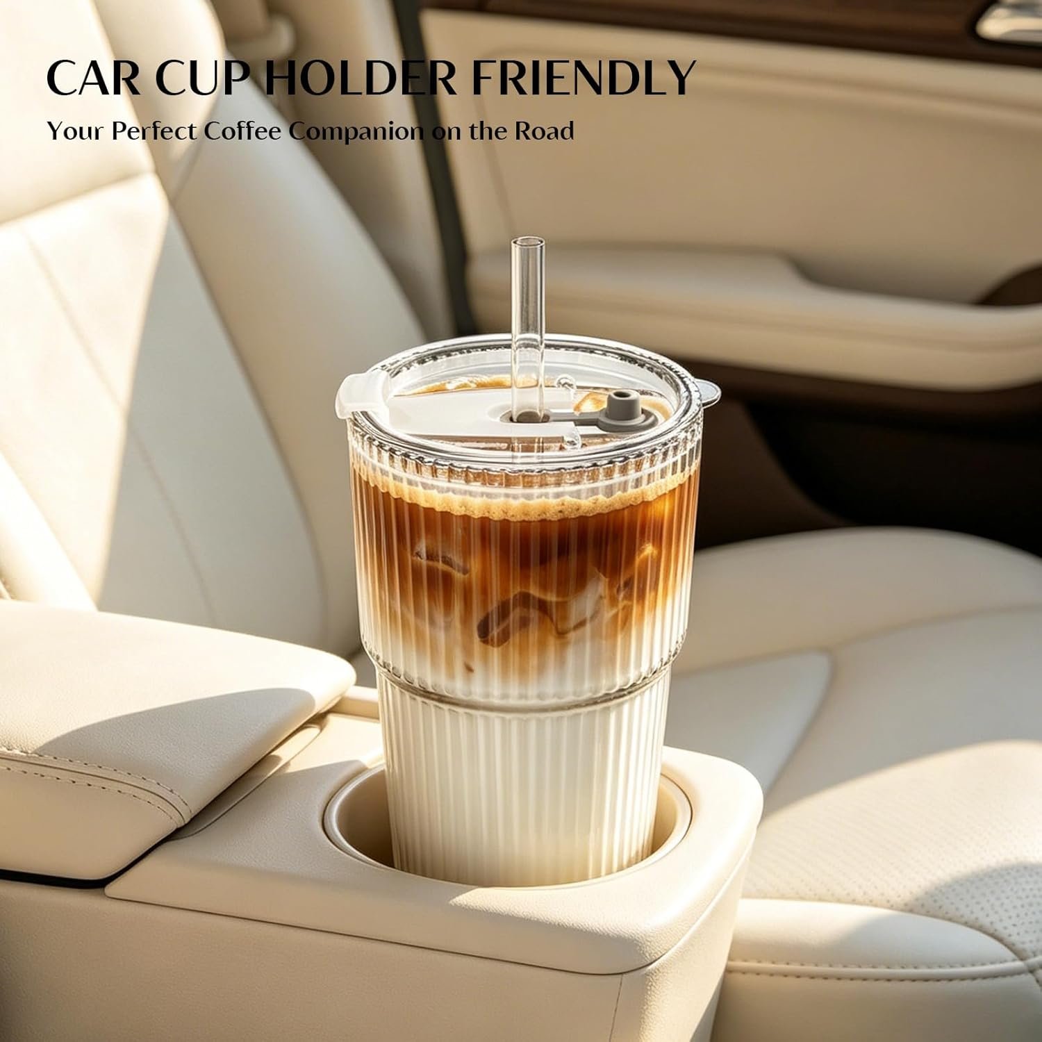 INSETLAN 20 oz Ribbed Glass Tumblers with Lids and Glass Straws – 4-Piece Glassware Set, Thickened Wall, Ideal for Iced Coffee, Smoothies, Cocktails, and Juices – Elegant and Durable Drinkware - Image 6