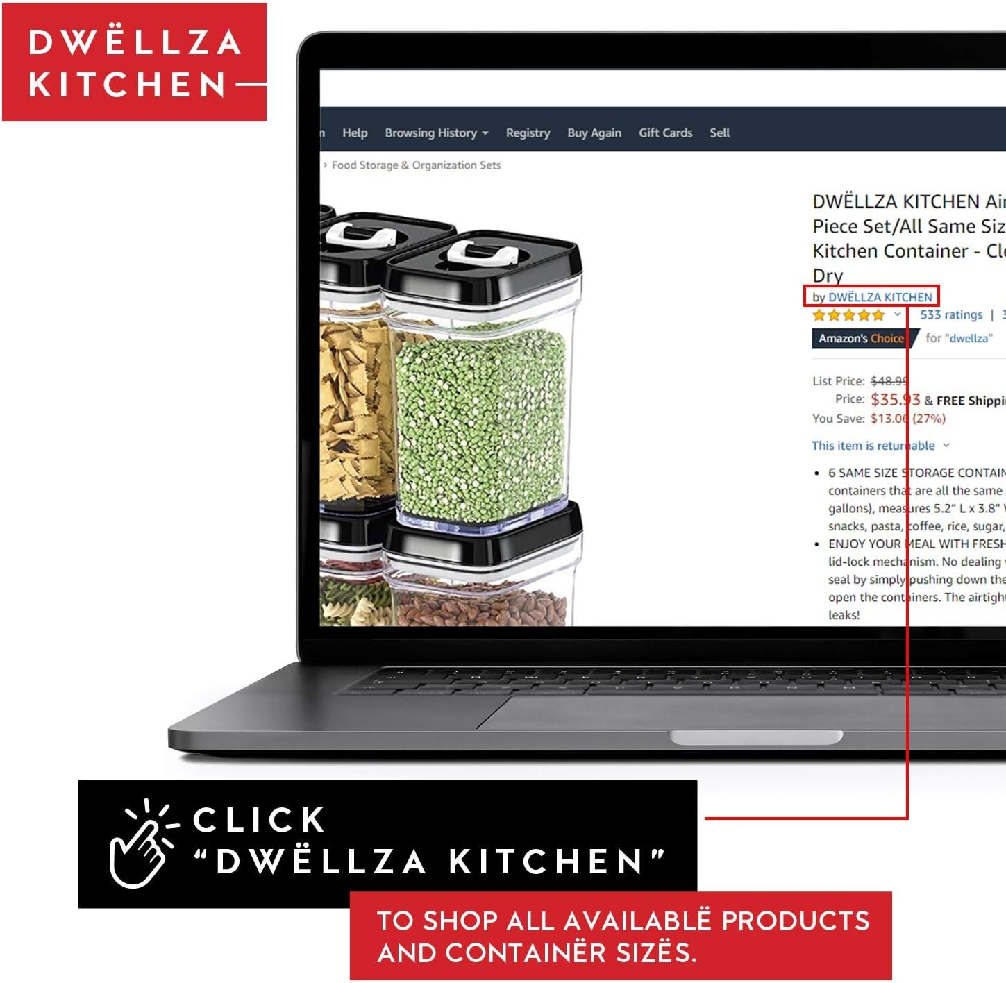 DWËLLZA KITCHEN Airtight Food Storage Containers with Lids – 6 Piece Set Air Tight Kitchen Storage Containers for Pantry Organization and Storage - Clear Plastic BPA-Free - Keeps Food Fresh & Dry - Image 3