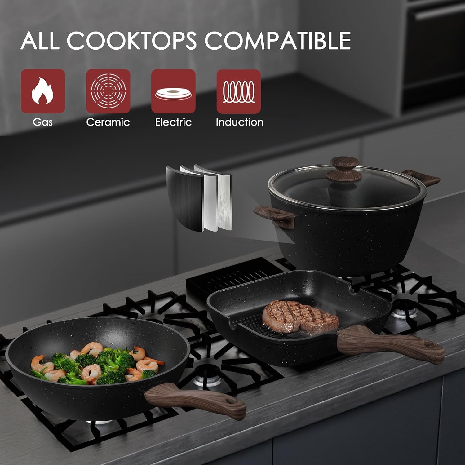 Kikcoin Pots and Pans Set Non Stick 31 Piece Kitchen Nonstick Cooking Cookware Sets with Grill Pan Saucepan Baking Sheet Utensil, Black - Image 4