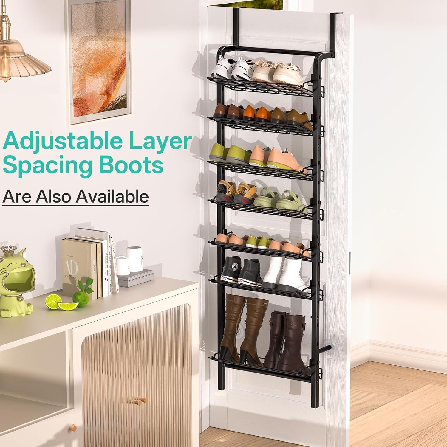 DTUQYX Over Door Shoe Rack - 8 Tiers Adjustable Heavy Duty Metal Hanging Shoe Rack for Closet Door, Space Saving Wall Mounted Shoe Storage Organizer for Shoes & Accessories, 67.52"x17.91"x9.84" - Image 5