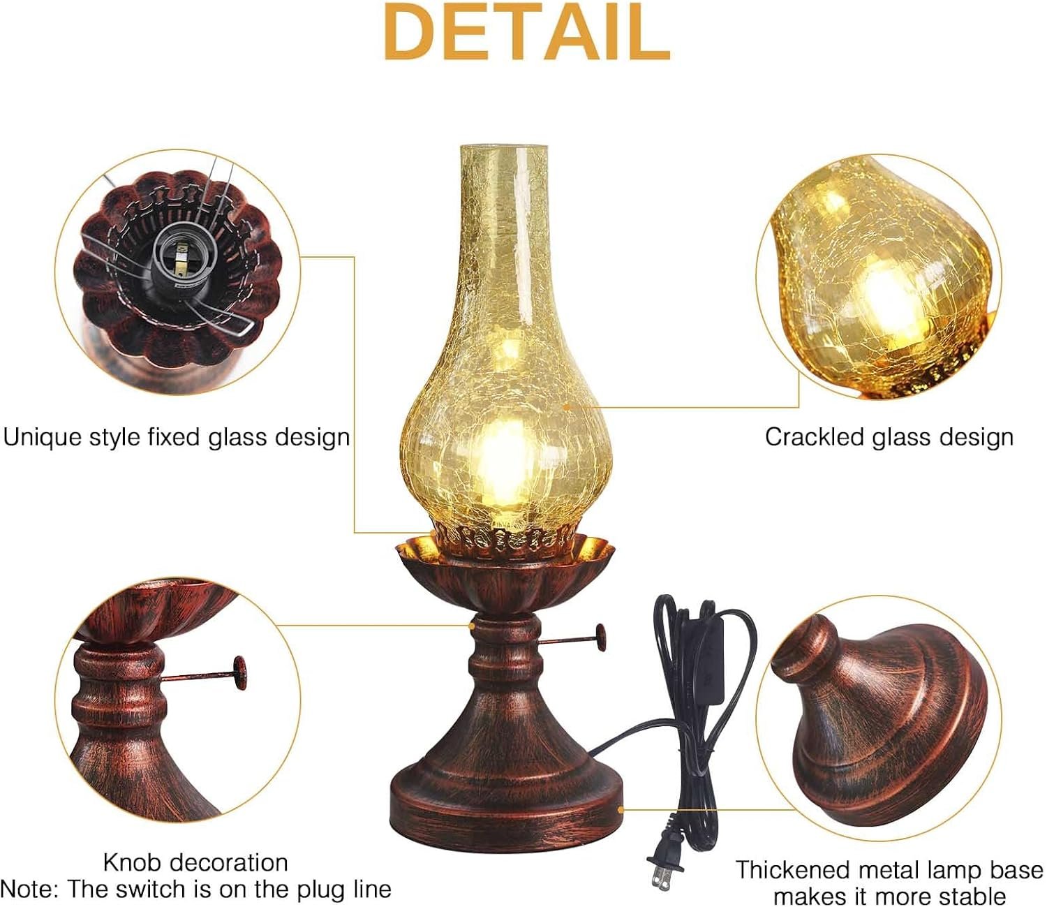 Vintage Table lamp Antique Rustic Farmhouse Desk Lamps Western Victorian Crackled Glass Design Bedside Lamps Living Room Bedroom Studio (Amber) - Image 6