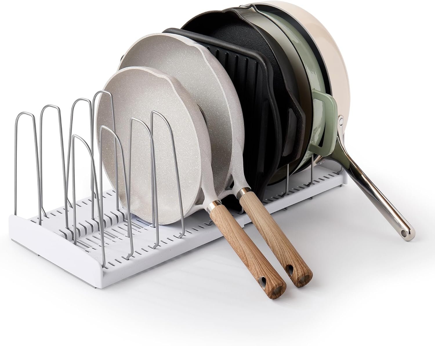 YouCopia StoreMore Expandable Cookware Rack with Tall Steel Wires, 12.5"-21.5" Wide Adjustable Pan Organizer for Kitchen Cabinet Storage, Premium Edition