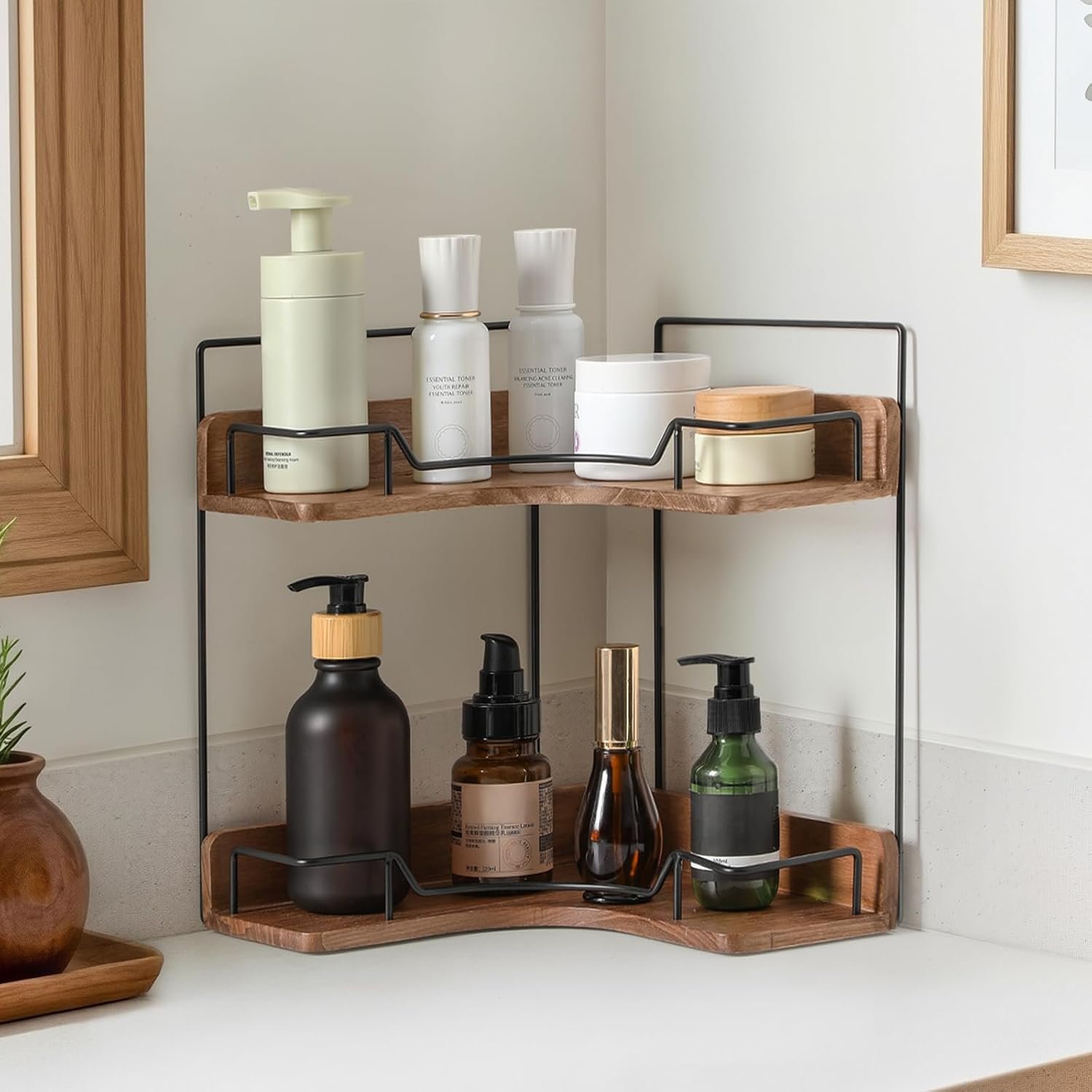 2-Tier Bathroom Counter Organizer, Wooden Corner Shelf for Vanity Countertop Skincare & Makeup, Storage and Organization for Kitchen - Image 6