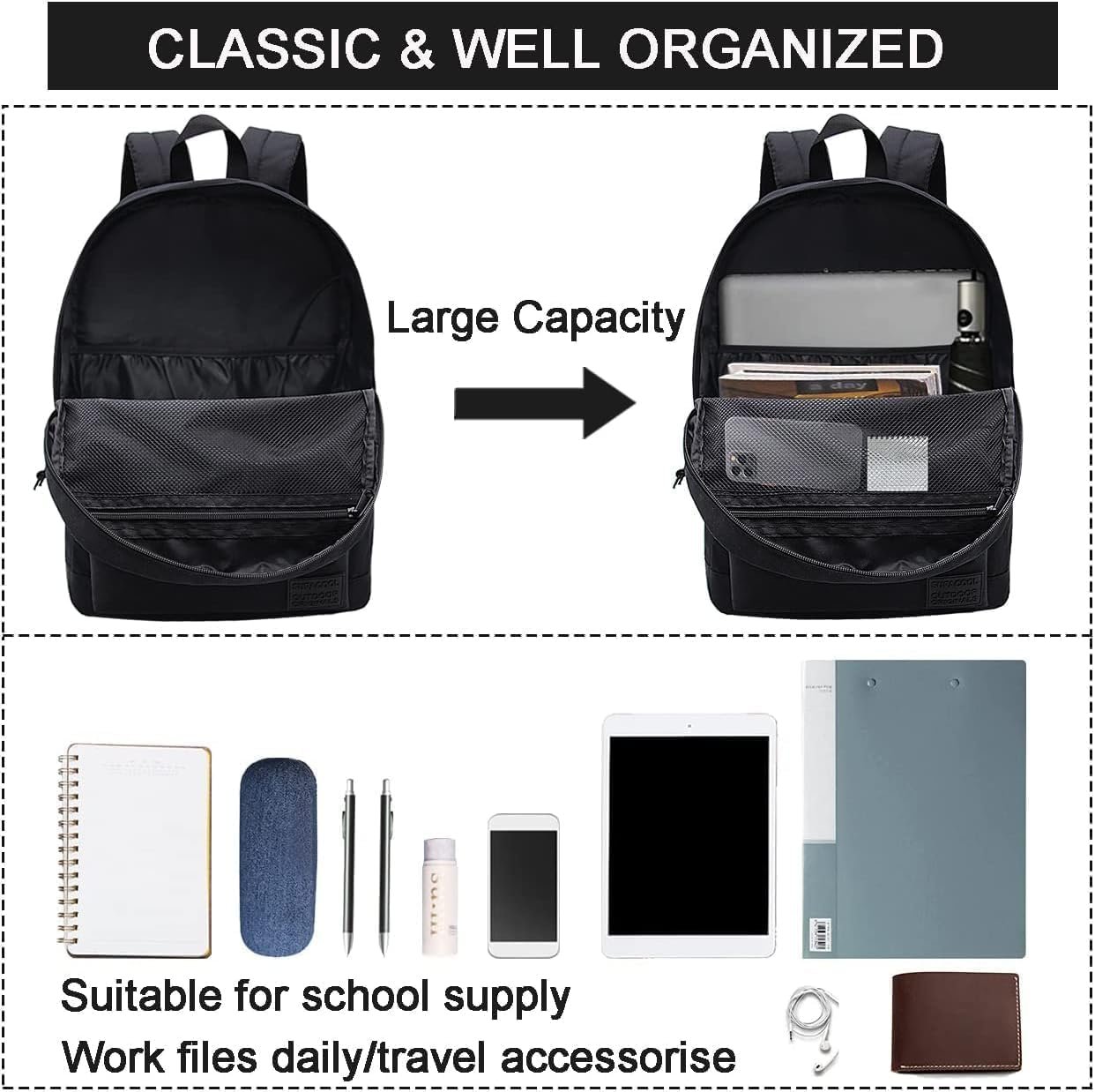 SUPACOOL Casual Laptop Backpack for Men and Women, Work backpack, Black Backpacks, College School Backpack for Boys and Girls, Lightweight Travel Back Pack(Black) - Image 3