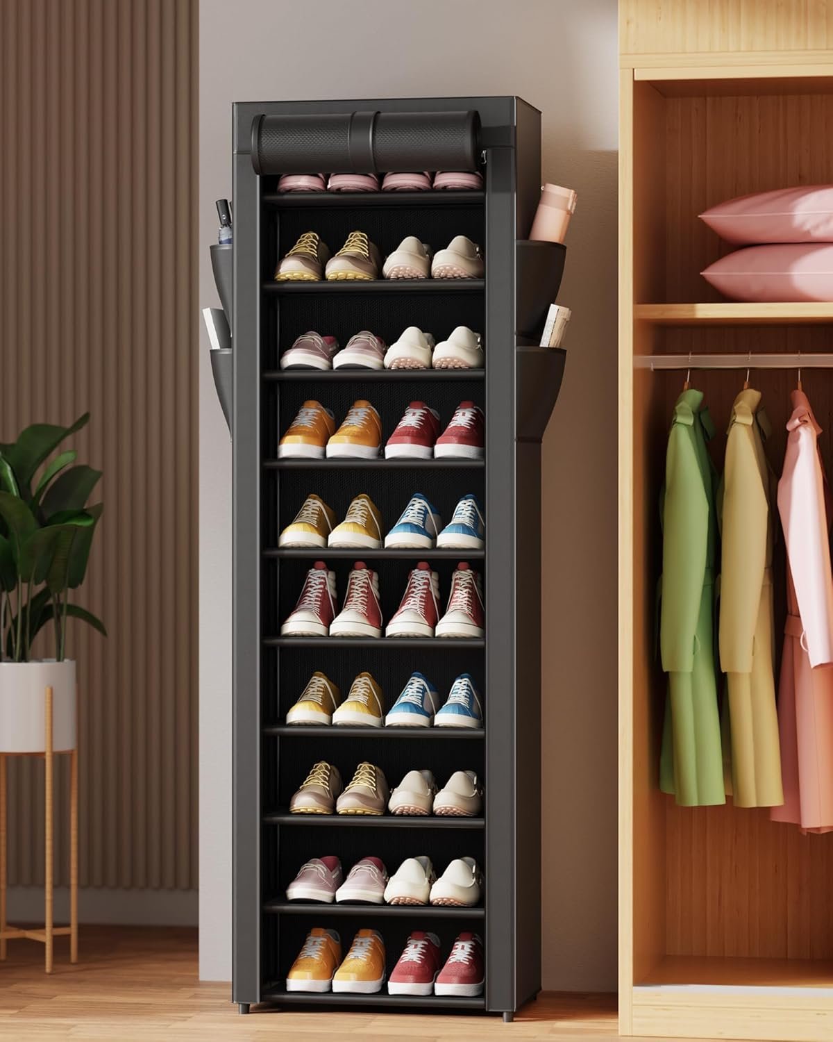 Kitsure 10-Tier Shoe Rack with Cover, Vertical Shelf, 17.5" Wide, Black - Image 8