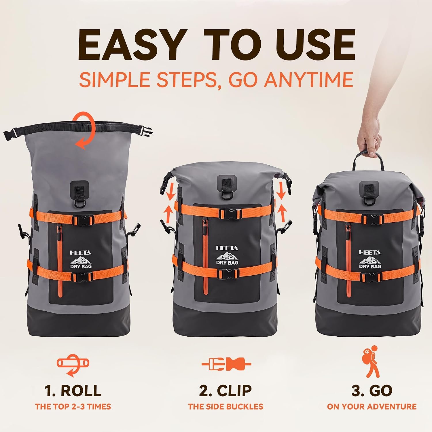 HEETA Dry Bags Waterproof Backpack 40L for Men & Women, Roll Top Heavy Duty - Image 3