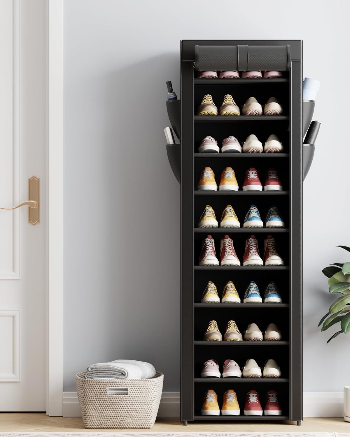 Kitsure 10-Tier Shoe Rack with Cover, Vertical Shelf, 17.5" Wide, Black - Image 2