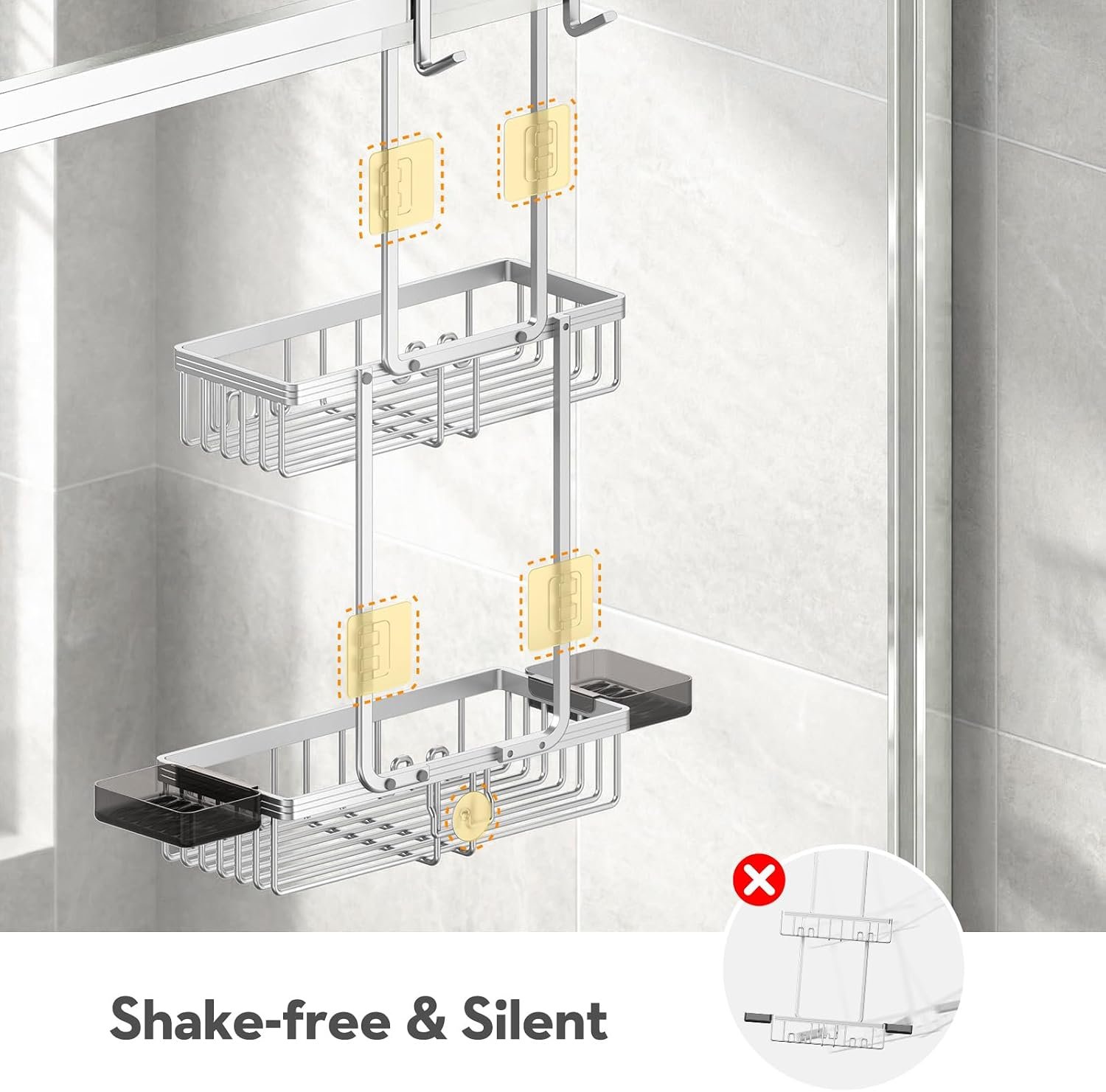 Over the Door Shower Caddy Hanging With Double Soap Holder Never Rust Aluminum Shower Shelf With 4 Hooks Hanging Bathroom Organizer No Drilling Shelves for Bathroom Storage Silver - Image 7