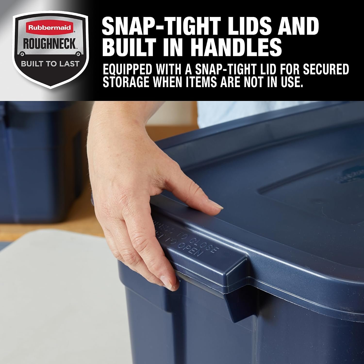 Rubbermaid Roughneck Tote 14 Gal, 6 Pack, Made in USA, Dark Indigo Metallic, Rugged Plastic Stackable Storage Bins with Lids and Handles - Image 4