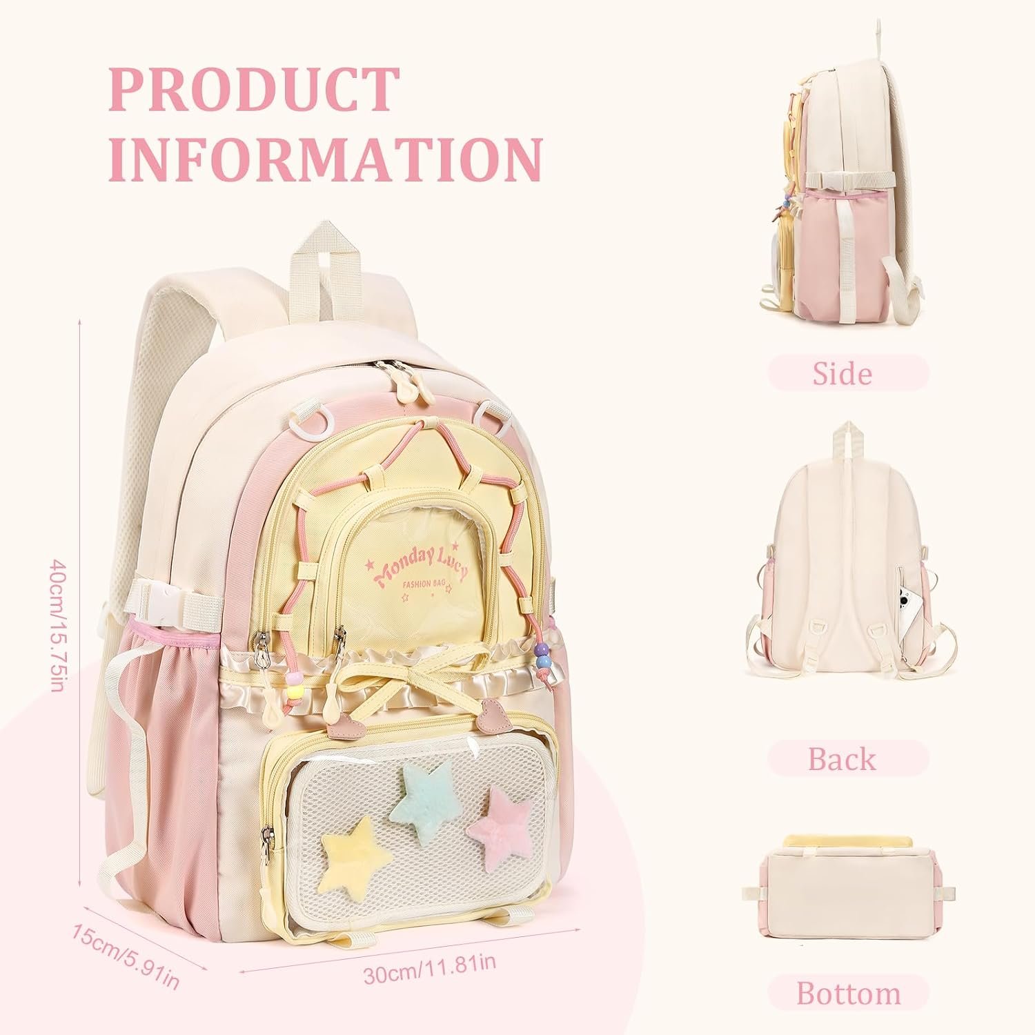 Kawaii ita Backpack - Cute Backpack Coquette Aesthetic Back Pack Y2K Daypack with Clear Pockets with Clear Pockets (Pink) - Image 4