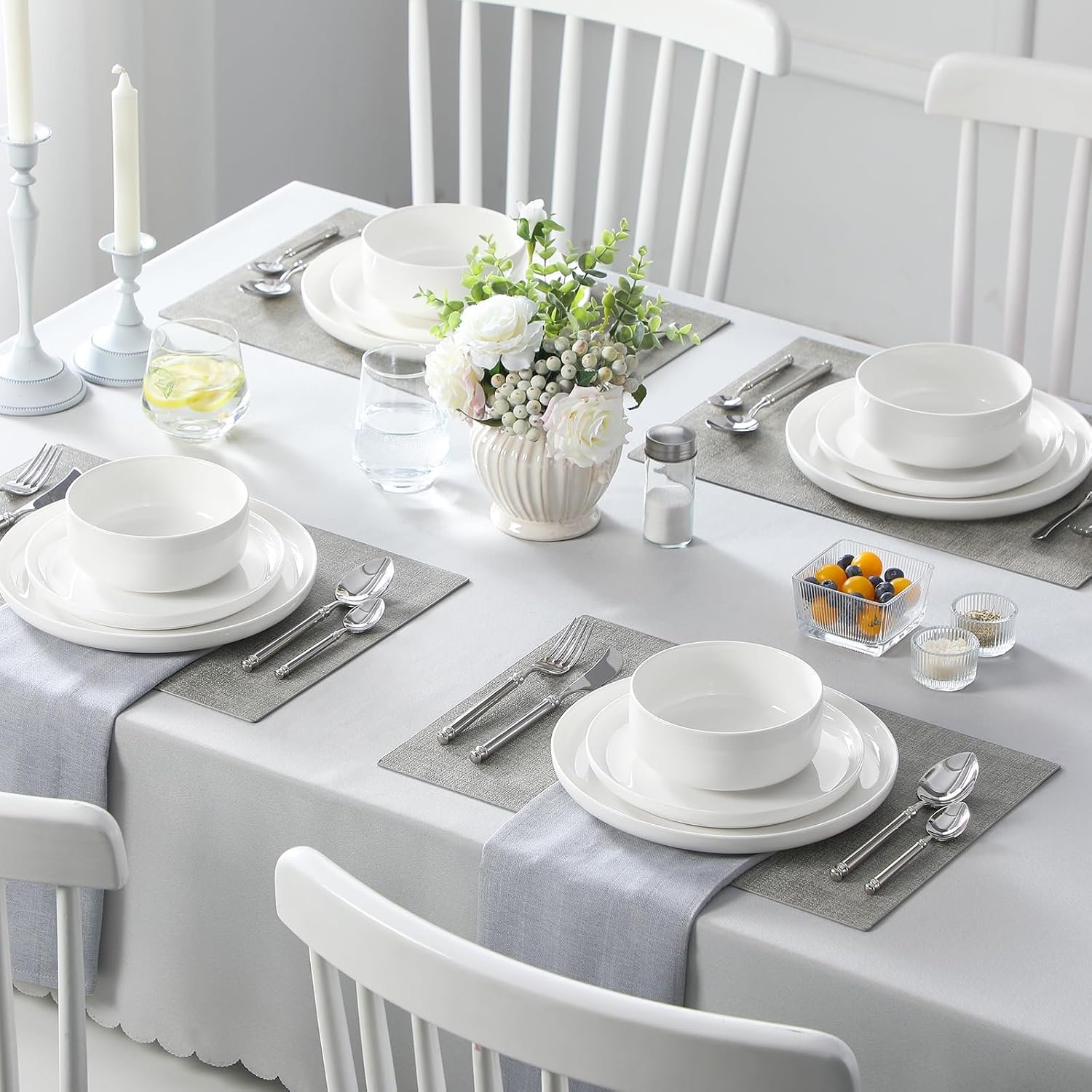 MALACASA 12 Pcs Porcelain Plates and Bowls Sets,Dinnerware Set for 4,White - Image 7