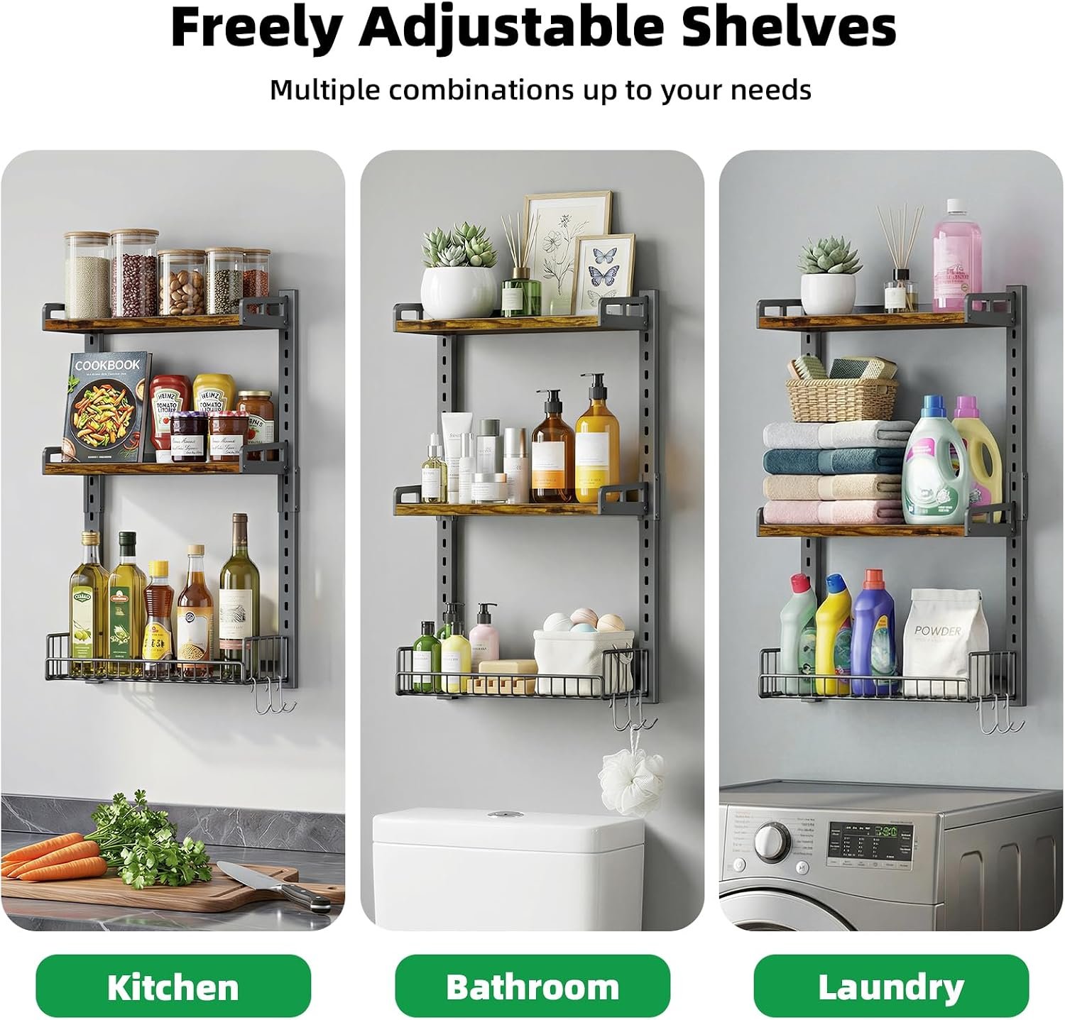 Kalrin 3 Tier Bathroom Shelves Over Toilet - Wall Mounted Floating Shelves with Drain Basket, Toilet Paper Storage, Height Adjustable Over The Toilet Storage, Vintage Brown - Image 7