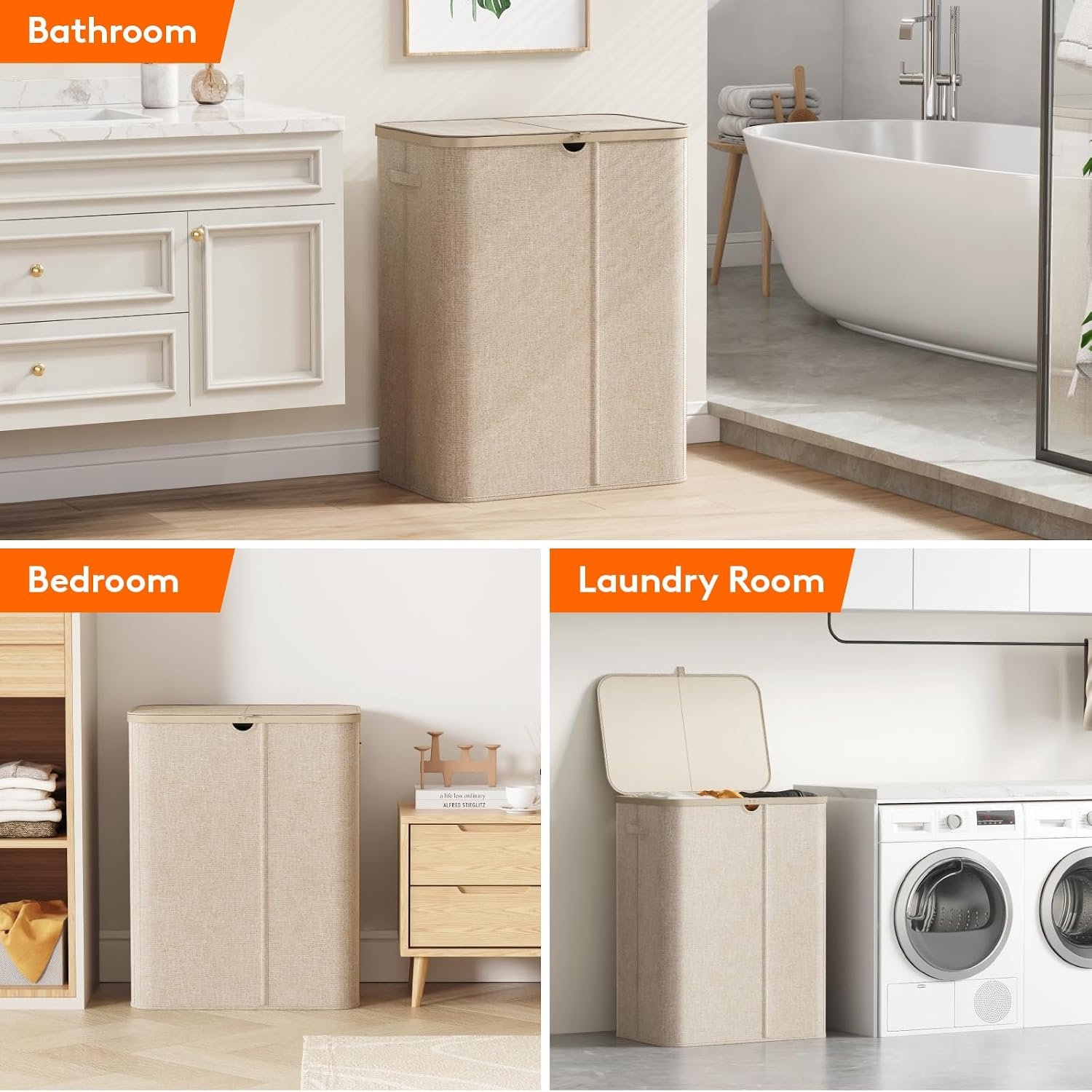 Lifewit 185L 3 Section Laundry Hamper with Lid, Laundry Basket, Beige - Image 9