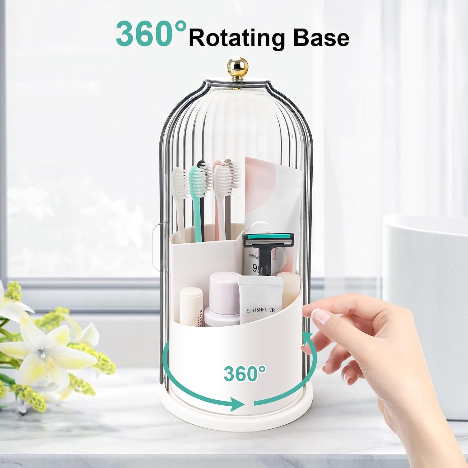 QIYVLOS Toothbrush Holders with Sliding Lid, Rotating 3 Slots Bathroom Organizer Countertop, Tooth Brush Toothpaste Holder Bathroom Counter Stand Sink Organizer Caddy for Vanity Makeup Brushes Holder - Image 3
