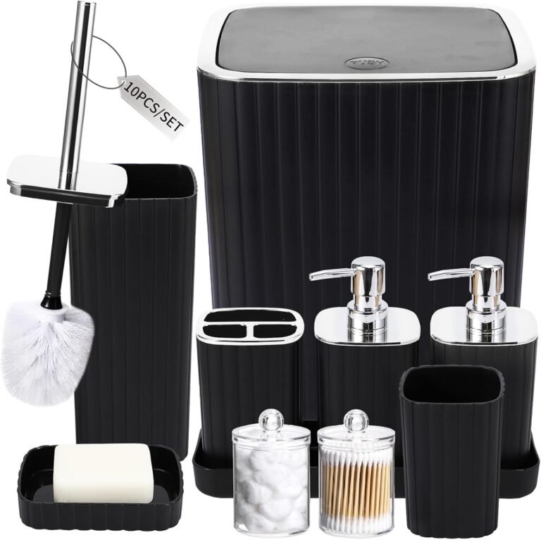 XLHOMO Bathroom Accessories Set - Gorgeous Bathroom Set, 10PC Black Bathroom Accessory Set, Toilet Brush, Trash Can, Qtip Holder & Soap Dispenser