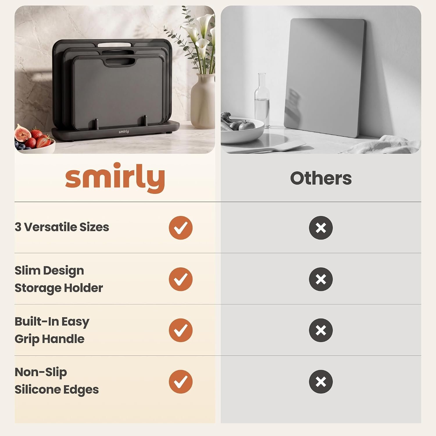 SMIRLY Plastic Cutting Board Set with Holder, 3 Pack, Dark Gray - Image 4