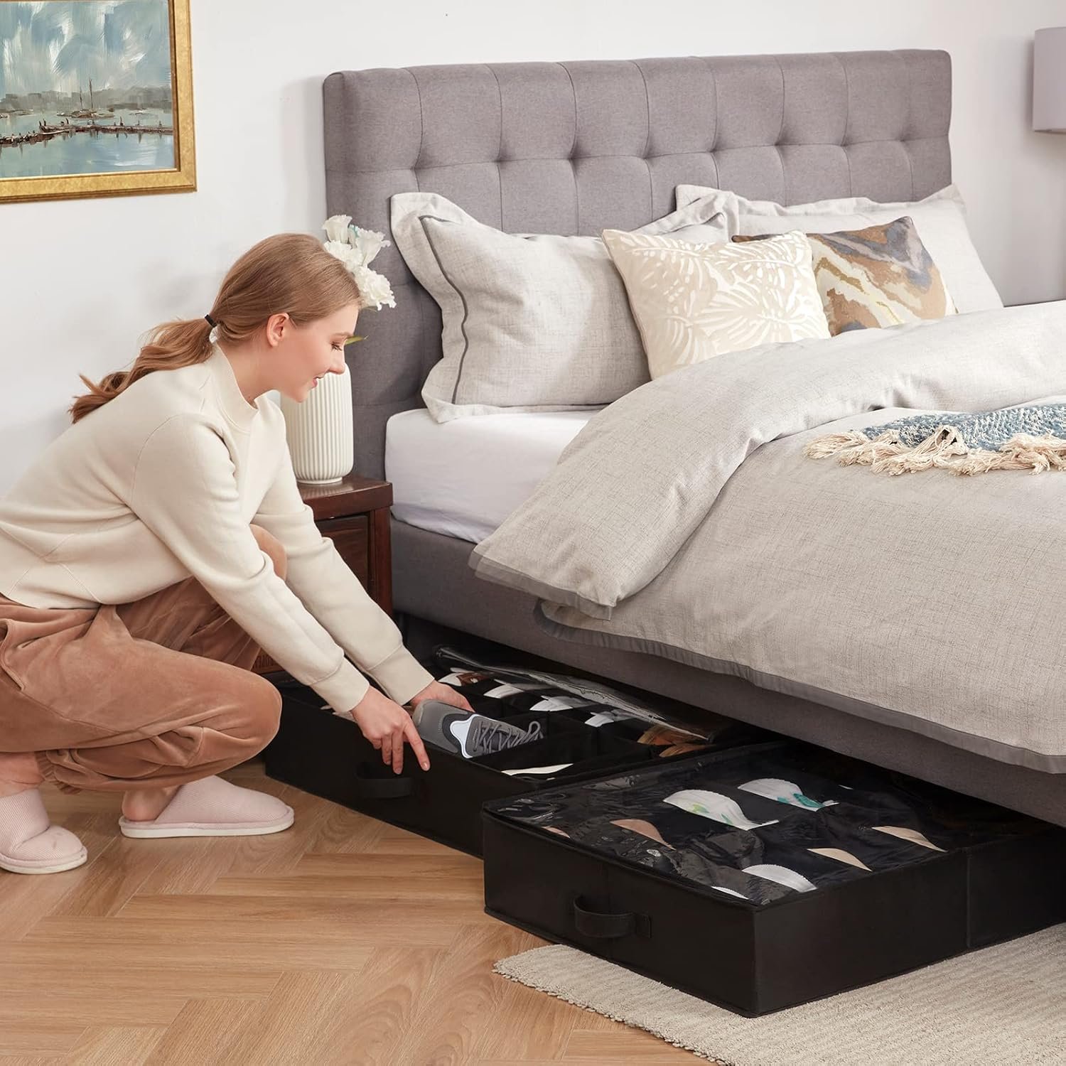 Lifewit Under Bed Shoe Storage Organizer 2 Pack(12 Shoes Cells), 4.3 Inches Profile Fabric Shoes Container Box with Clear Cover, Foldable Storage Bag with 2 Handles, Fits 12 to 24 Pairs - Image 2