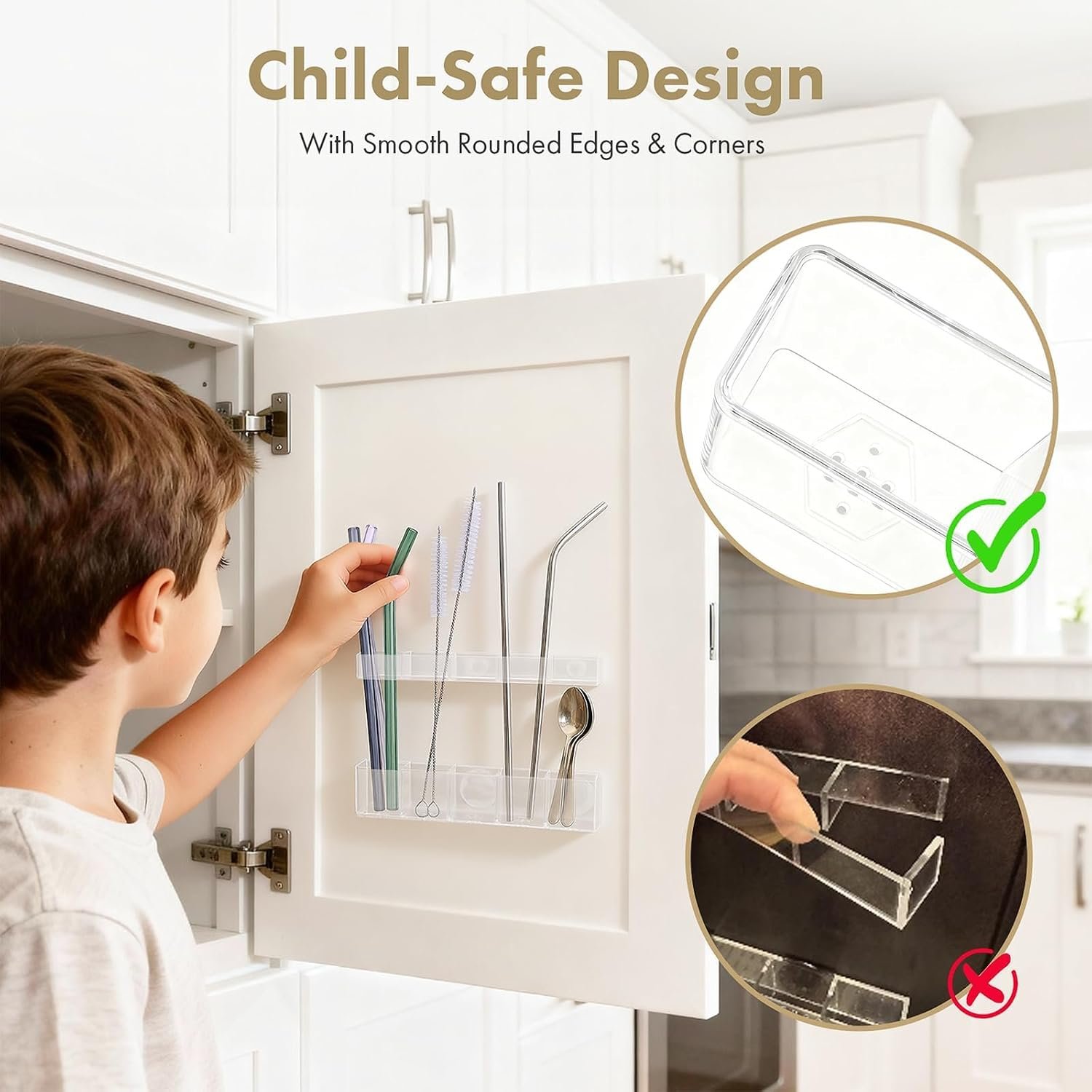 Acrylic Straw Holder for Cabinet Door - Child-Safe Organizer & Dispenser with Smooth Rounded Edges for Kitchen Accessories Storage, Adhesive Circles Included (Clear Transparent) - Image 3