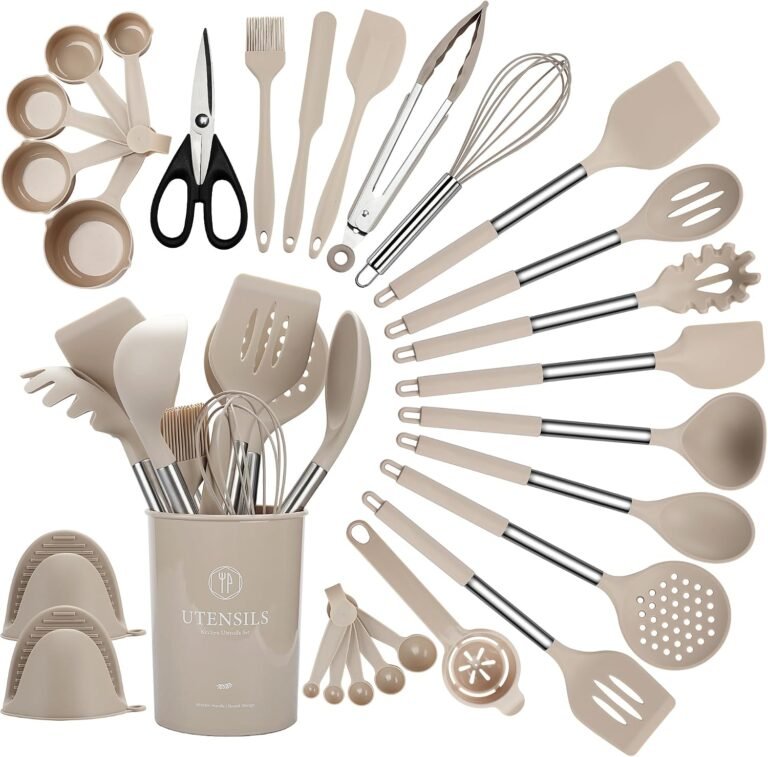 QMVESS Silicone Cooking Utensils Set, 28 Pcs Non-Stick Kitchen Utensils Set with Holder, 446°F Heat Resistant Spatula, Tongs, Spoons Set with Stainless Steel Handle Kitchen Gadgets (Khaki)