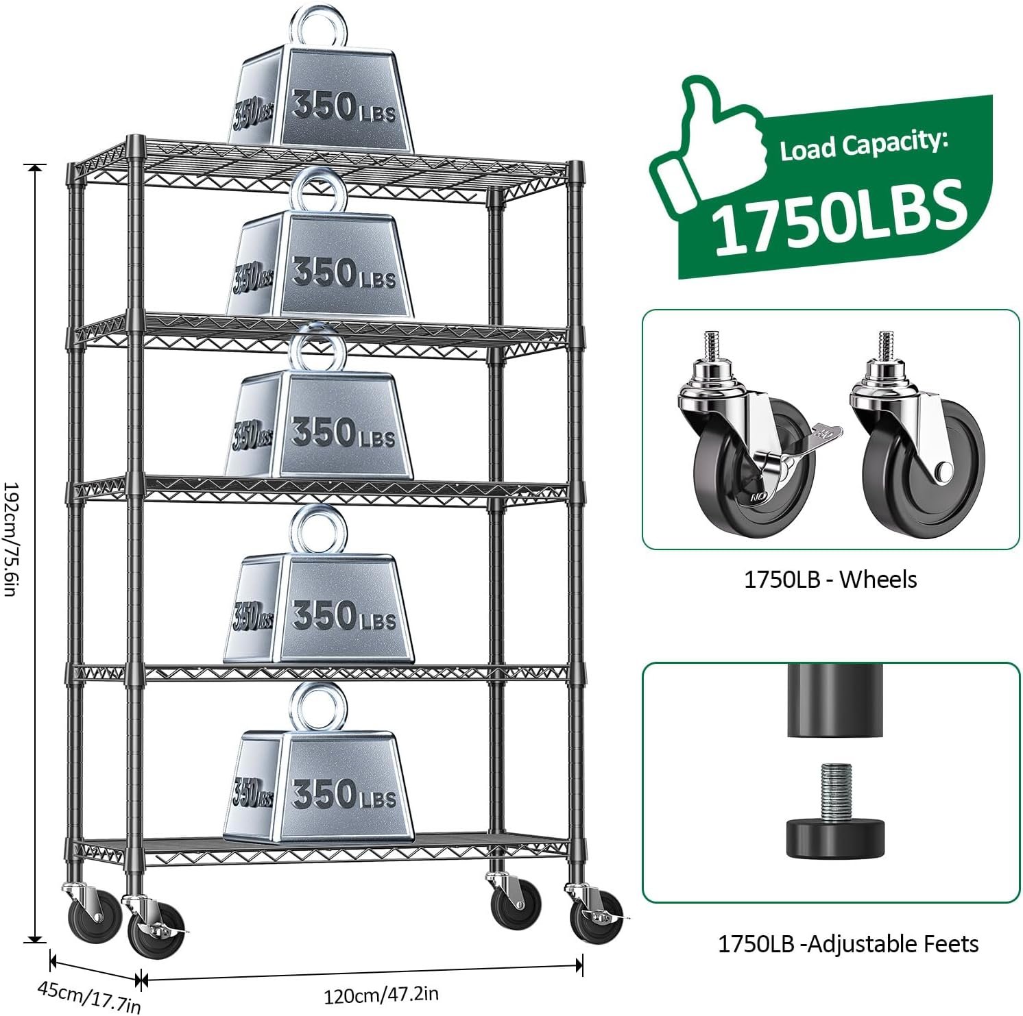 IZEUK 5-Tier Heavy Duty Metal Shelving Unit, Adjustable Steel Wire Storage Rack for Garage, Kitchen, Basement, Laundry Room & Office, Black, 17.7" D x 47.2" W x 72.3" H, 1750 lbs Capacity - Image 3