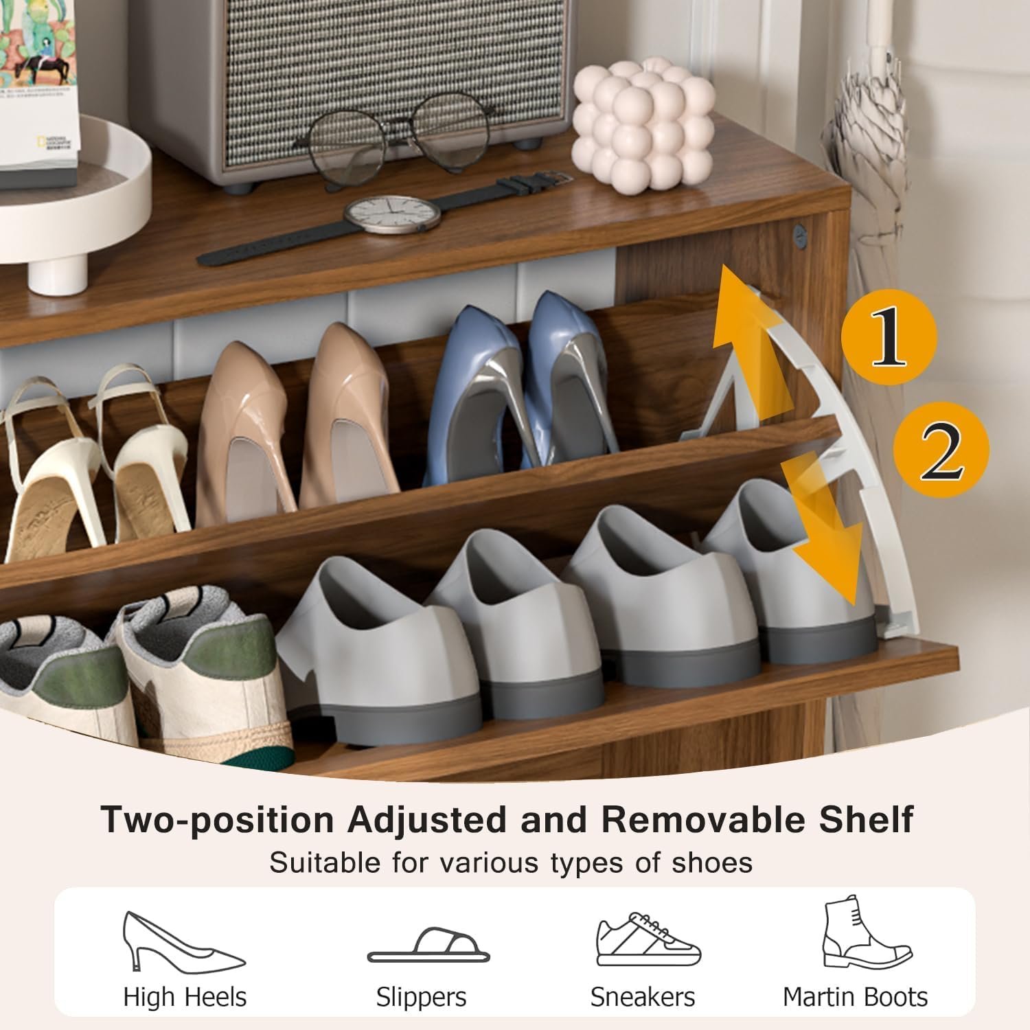 Fsbecl Shoe Storage Cabinet for Entryway with 2 Fluted Flip Drawers, Walnut - Image 5