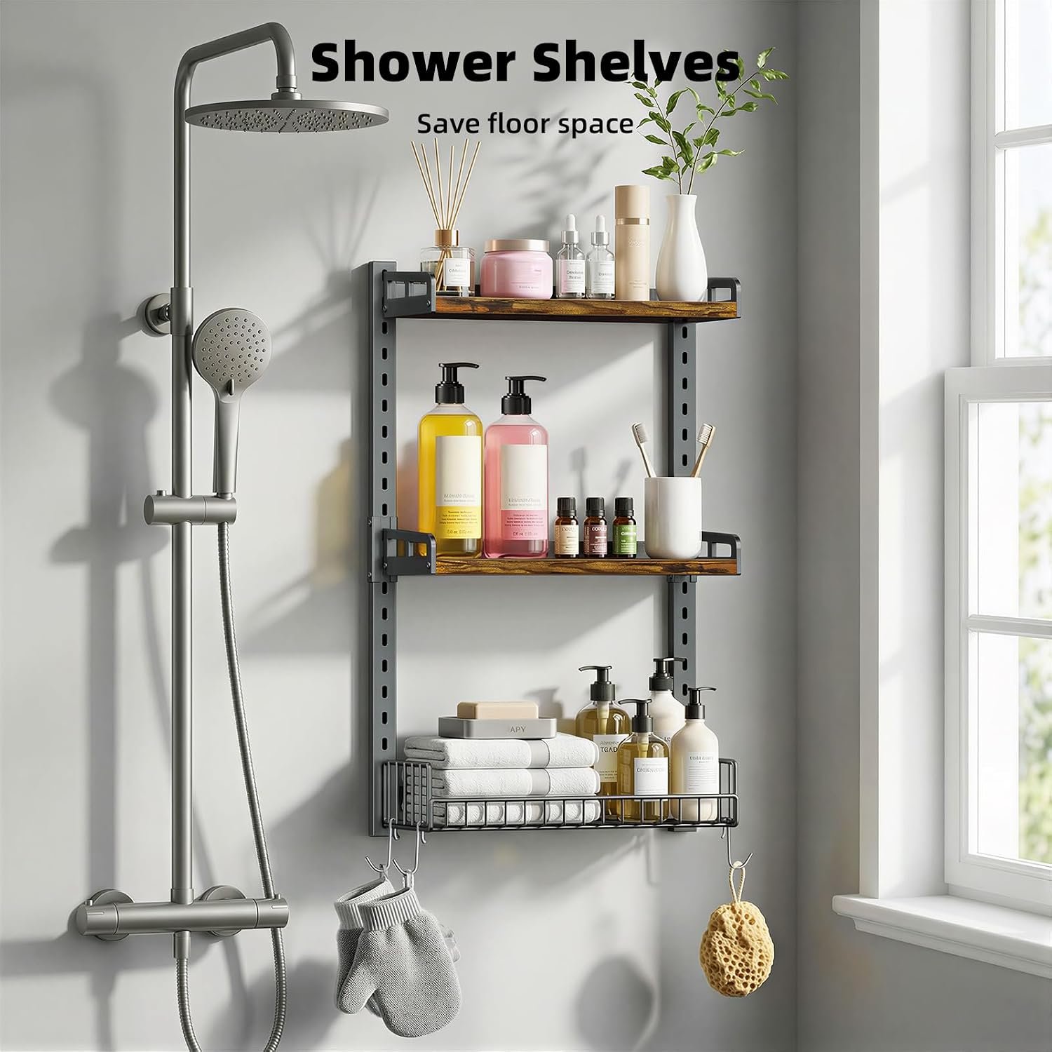 Kalrin 3 Tier Bathroom Shelves Over Toilet - Wall Mounted Floating Shelves with Drain Basket, Toilet Paper Storage, Height Adjustable Over The Toilet Storage, Vintage Brown - Image 5