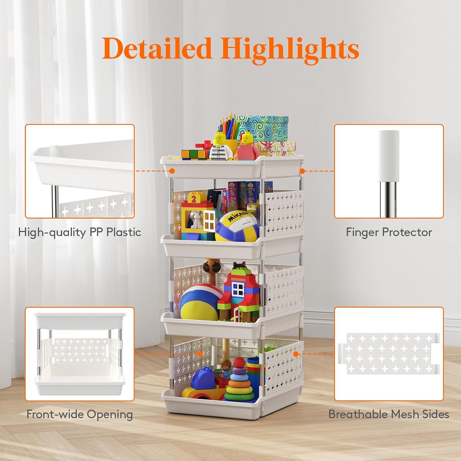 Lifewit Plastic Stackable Storage Baskets, 4 Tier Stacking Bins for Food and Clothes, Multifunctional Organizer for RV, Kitchen, Playroom, Pantry and Bathroom, 13.8"D x 11.8"W x 28.3"H, 1 Pack, White - Image 6