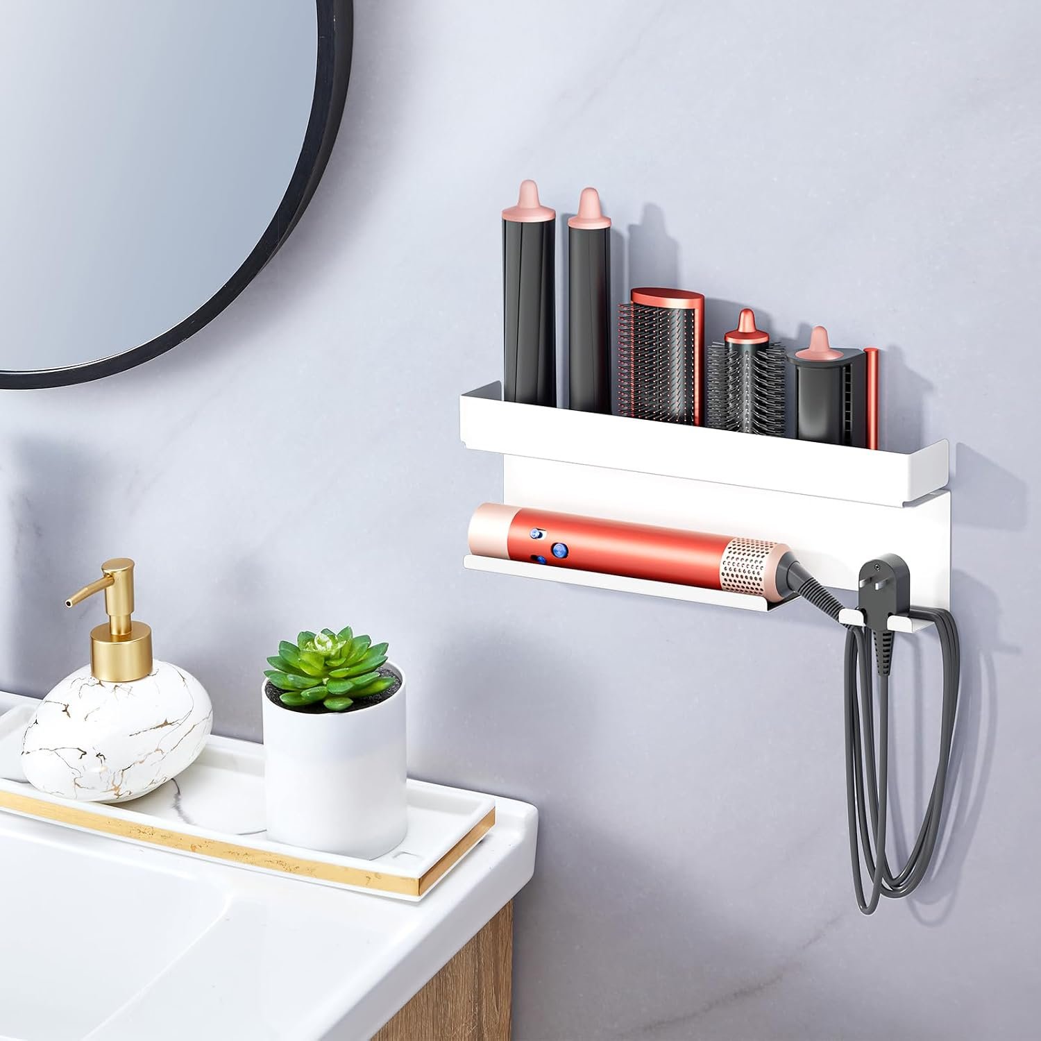 Storage Hair Dryer Holder for Curling Iron Accessories, Hair Tool Organizer Wall Mount, Curling Iron Holder, Bathroom Hair Straightener Holder Stand for Styler Attachments Organizer, White - Image 3