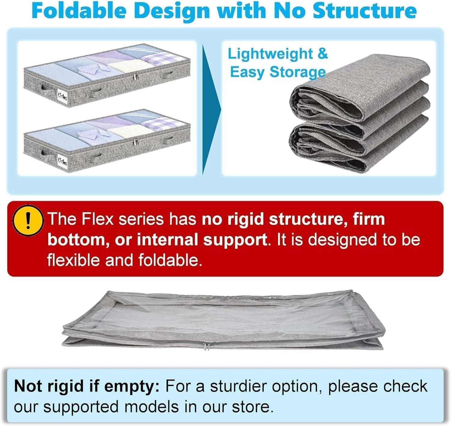 5 Inch Low Profile Under Bed Storage Drawer 2 Pack, Lightweight Underbed Clothes Storage Container Bins With NO STURCTURE, Shallow Storage Bag for Dorm & Home, With Clear Lids & Water-Resistant Fabric - Image 5