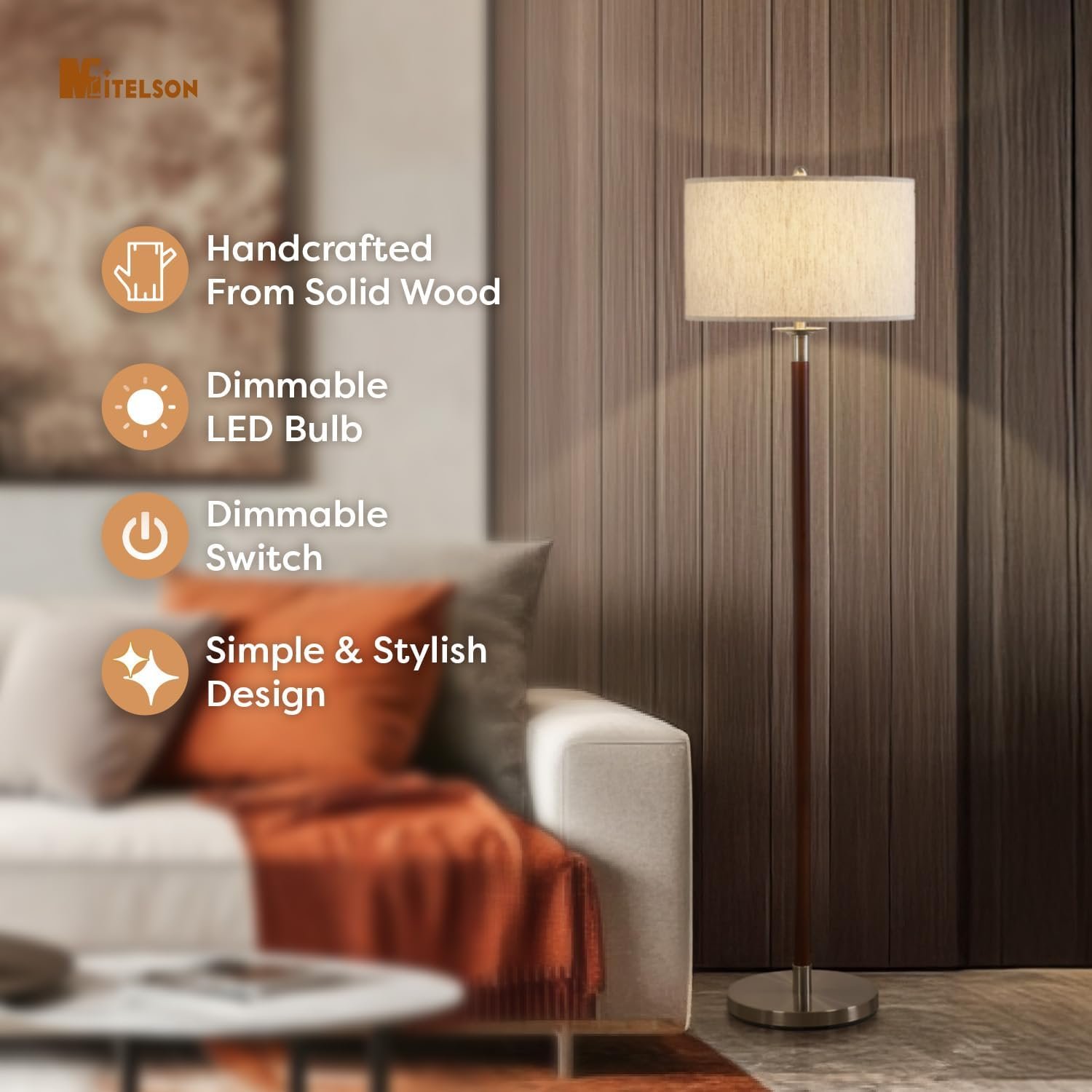 Walnut Brown Modern Floor Lamp for Living Room, Dimmable Tall Standing Lamp with Linen Shade and Bulb, Mid Century Rustic Farmhouse Floor Lamp for Bedroom Office Corner - Image 5