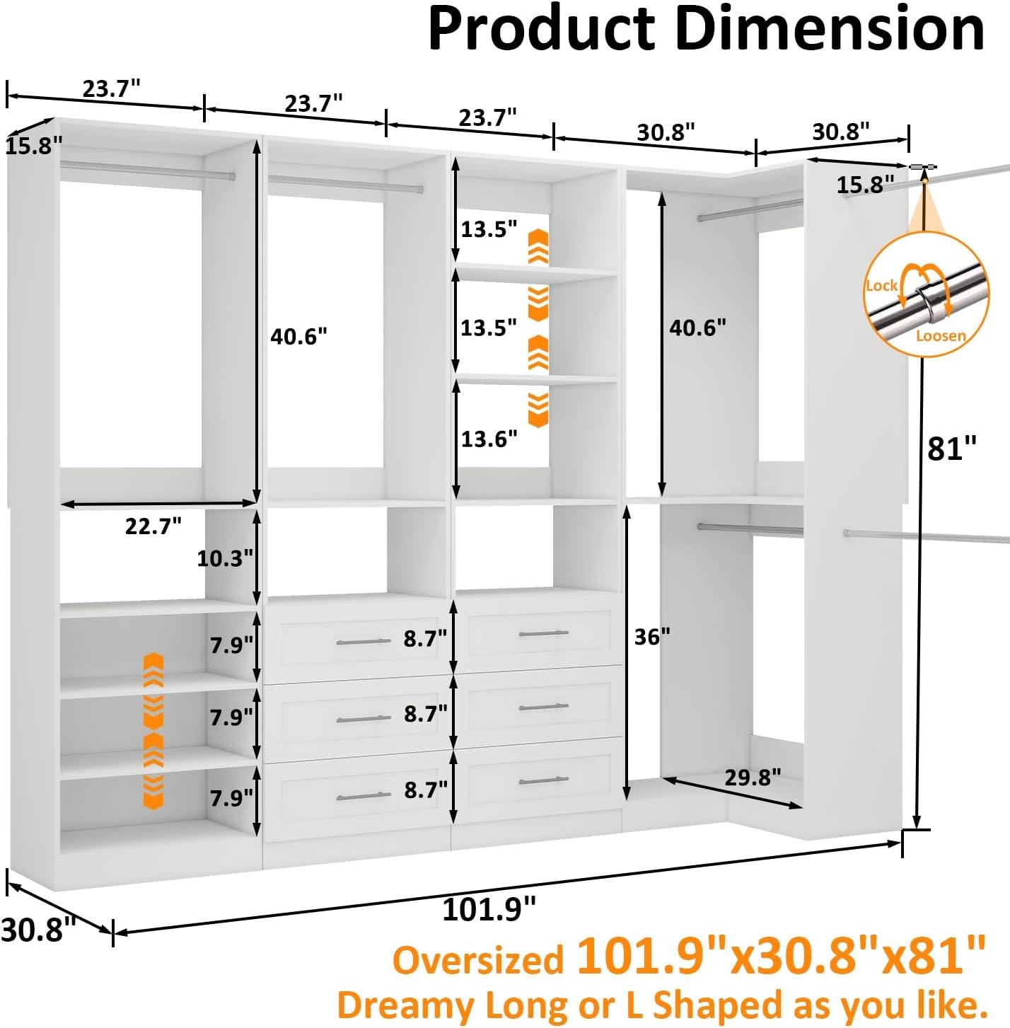 Vomavex Closet System with 4 sets, 101.9" Closet Organizer Systems with 6 Drawers & 8 Hanging Rods & Adjustable Shelves, Walk in Closet Standing Closet System, Corner Closet System Set, White - Image 3