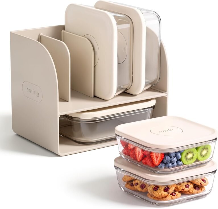 SMIRLY Glass Food Storage Containers with Lids & Organizer, 5-Pack, Cream