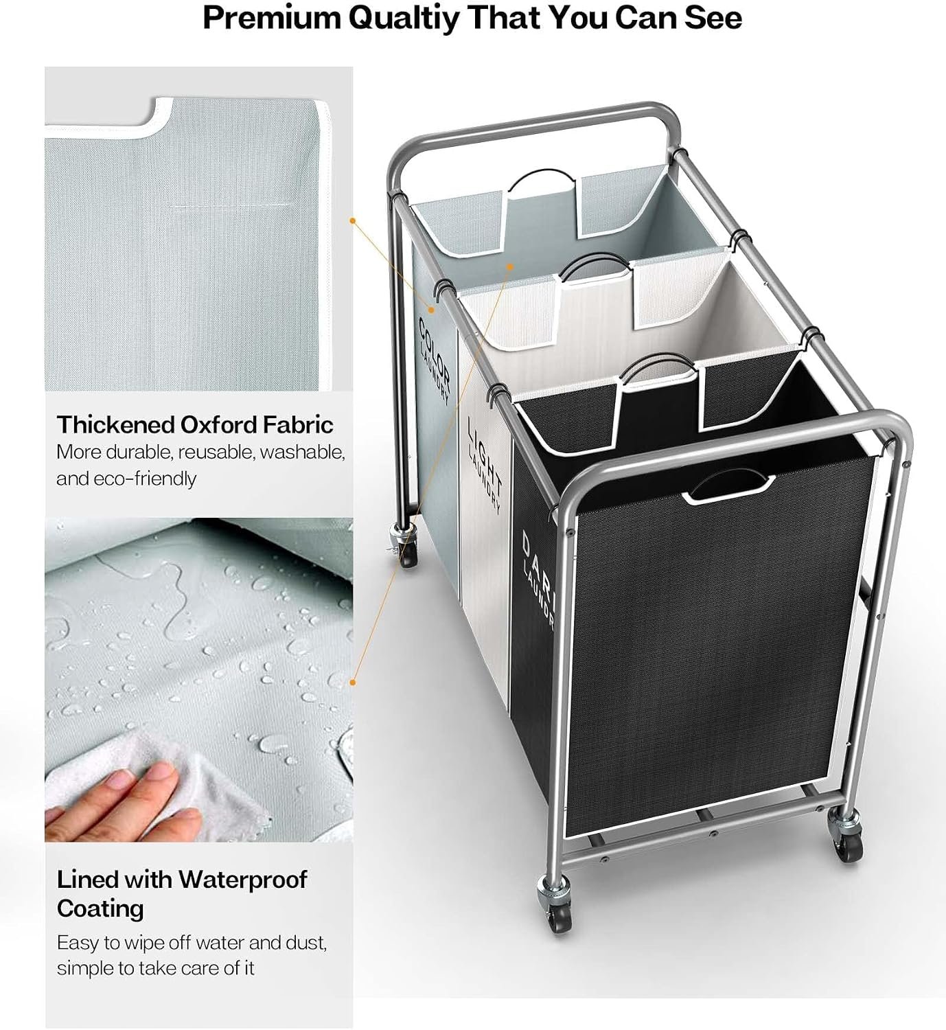 ROMOON Laundry Sorter Hamper 3 Section, Divided Laundry Basket Organizer - Image 5
