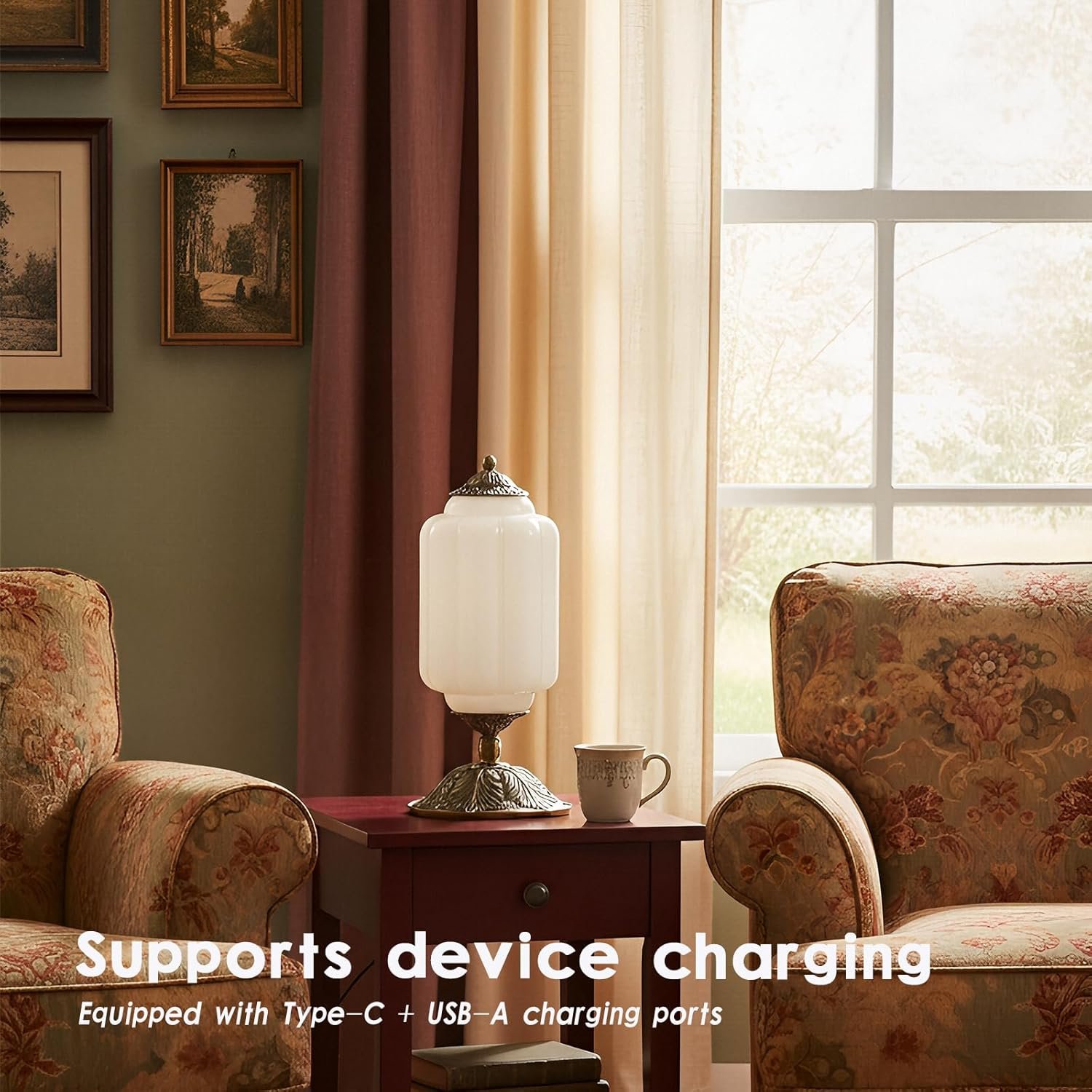 Vintage Touch Bedside Table Lamp, Elegant Green Glass Bedside Desk Lamp 3 Way Dimmable with USB C+A Charging Ports - Bedroom Nightstand & Living Room Essential (Vintage White, 6.5) - Image 7
