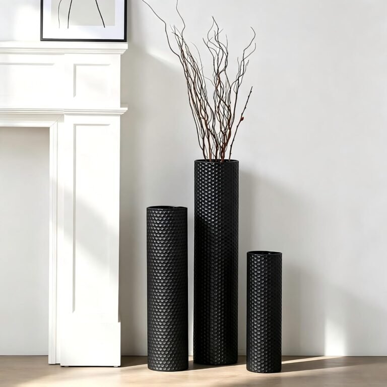 Dnnnii Tall Floor Vases Set of 3 - Black Metal Cylinder Vases for Living Room Corner, Modern Honeycomb Texture, Extra Large Standing Decor (Tallest 27.6in, Home Bedroom Dining Decor)