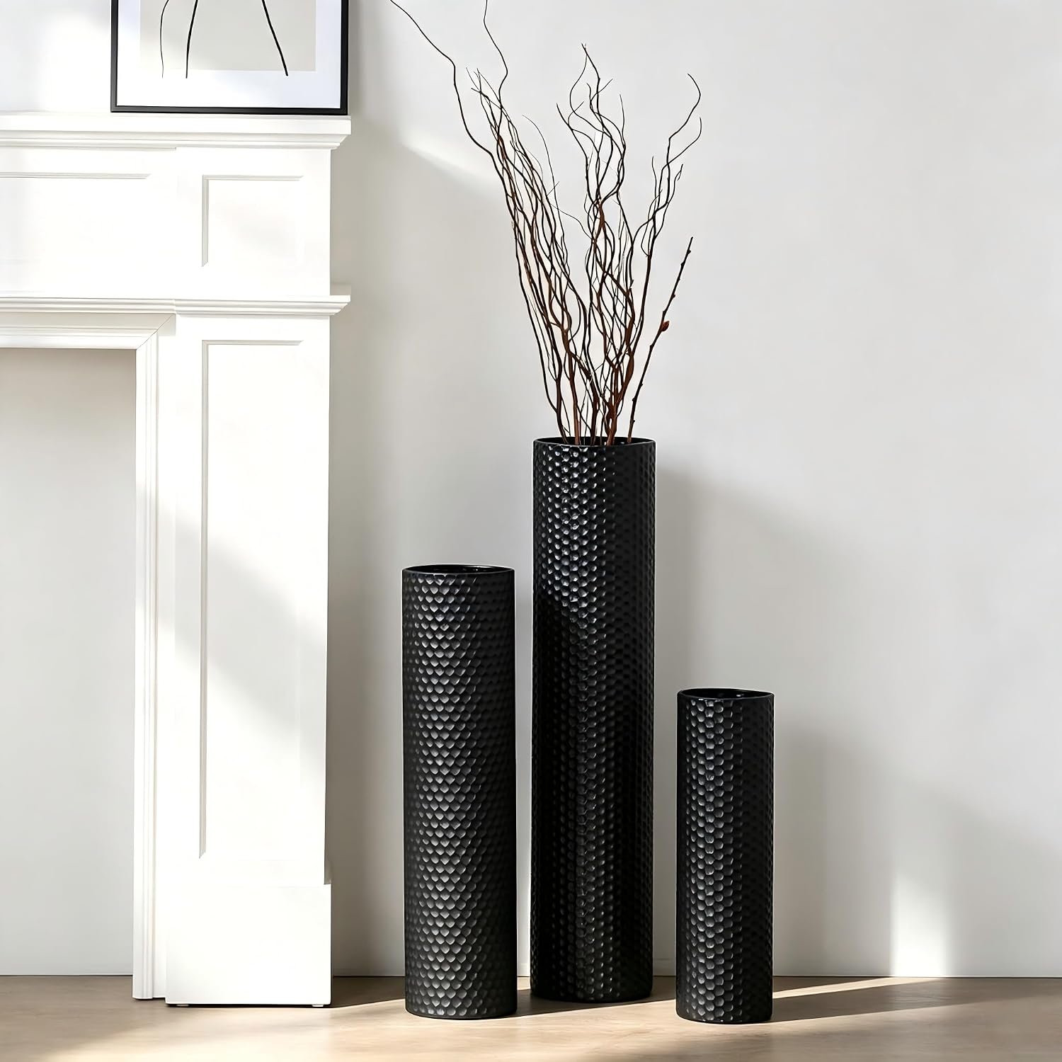Dnnnii Tall Floor Vases Set of 3 - Black Metal Cylinder Vases for Living Room Corner, Modern Honeycomb Texture, Extra Large Standing Decor (Tallest 27.6in, Home Bedroom Dining Decor)