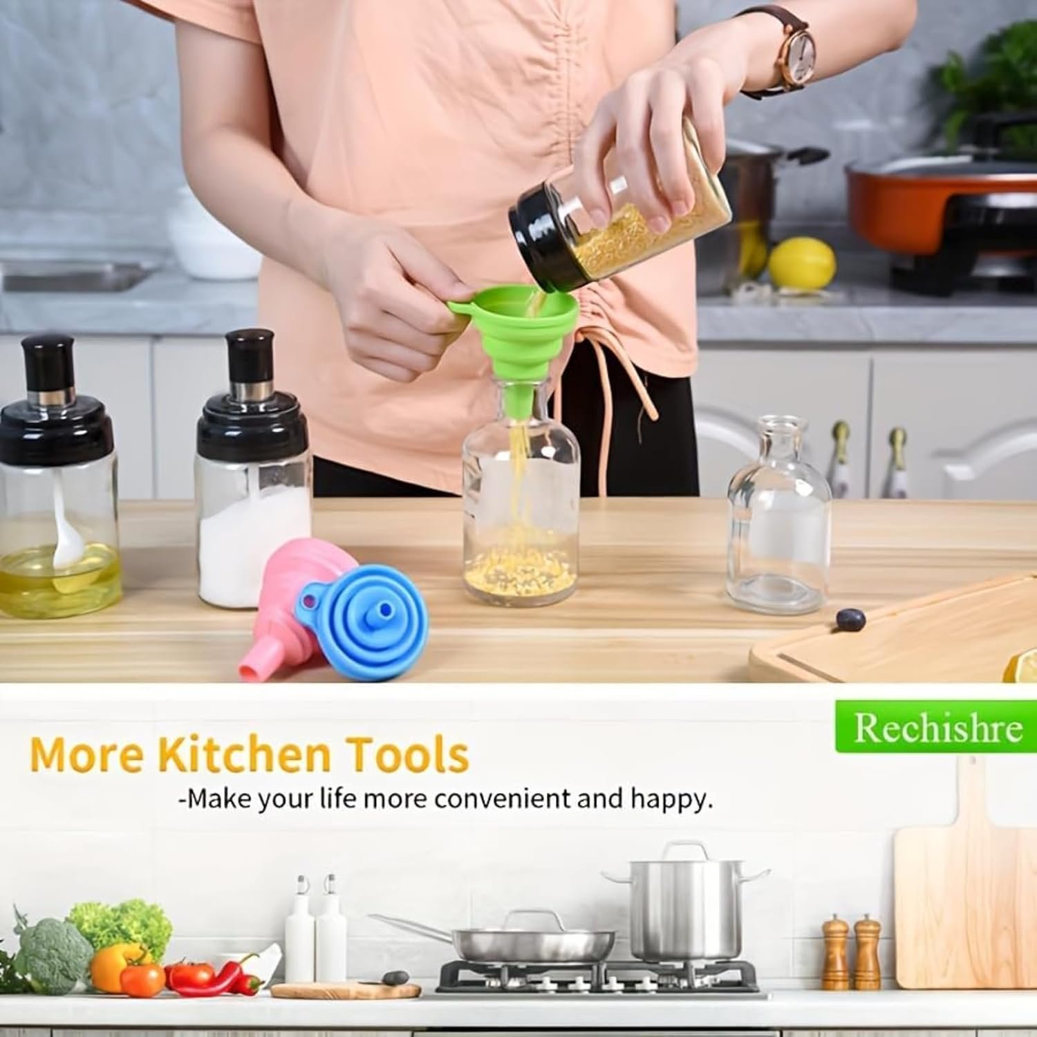 Kitchen Funnel Set 4 Pack, Small and Large, Kitchen Gadgets Accessories Foldable Silicone Collapsible Funnels for Filling Water Bottle Liquid Transfer Food Grade - Image 2