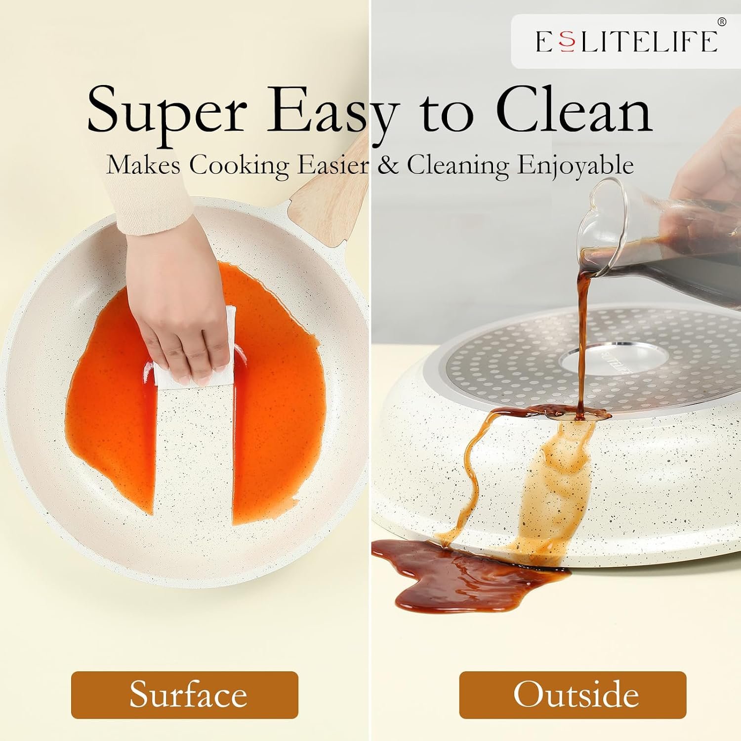 ESLITE LIFE Nonstick Ceramic Frying Pans Skillets Set with Lids, Non-Toxic Egg Omelette Kitchen Cooking Pans Compatible with All Stovetops (Gas, Electric & Induction), PTFE & PFOA Free (White) - Image 6