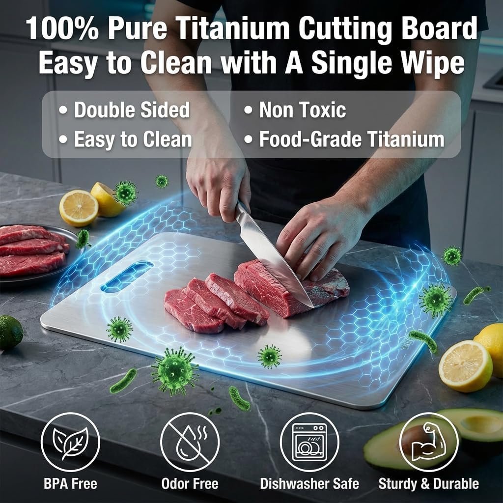 Katori Titanium Cutting Board for Kitchen,100% Pure Titanium Cutting Boards,Double Sided Non Toxic Titanware Chopping Board for Cutting Meat Vegetable Fruit,Dishwasher Safe (Silver, XXL-18.1L*11.8W) - Image 3