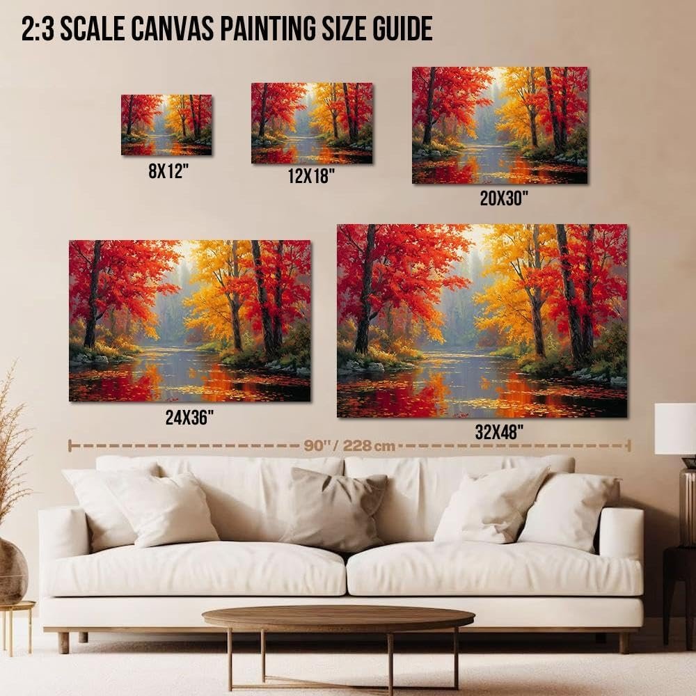Hzddty Fall Canvas Wall Art, Autumn Forest River Painting Pictures Rustic Farmhouse Artwork for Home Decor Living Room Bedroom (32"x48") - Image 4