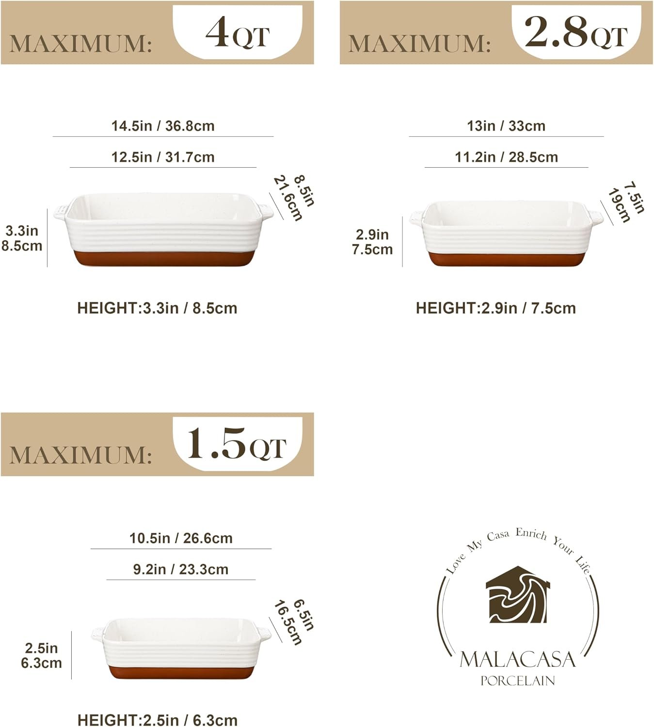 MALACASA Casserole Dishes for Oven, Ceramic Baking Dishes Set of 3, Baking Pan Casserole Dish Set, Rectangular Lasagna Pan Deep with Handles for Baking, Khaki White (14.5''/13''/10.5''), Series TARA - Image 2