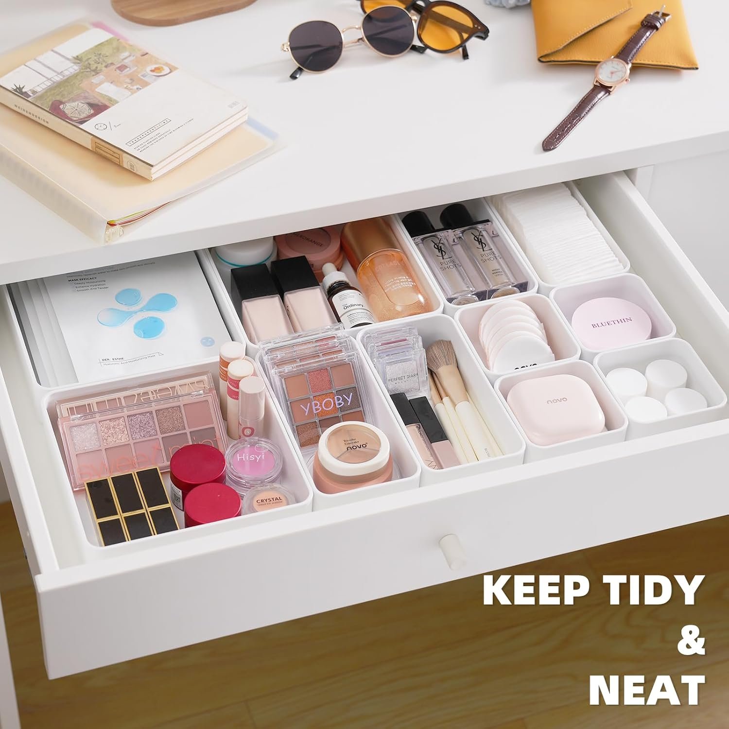CHANCETSUI 11-Piece Stackable Drawer Organizer Set, Multi-size Desk Drawer Organizer Trays Vanity Storage Bins for Storing Makeup, Stationery, Utensils in Bathroom Dresser, Office and Kitchen - Image 3