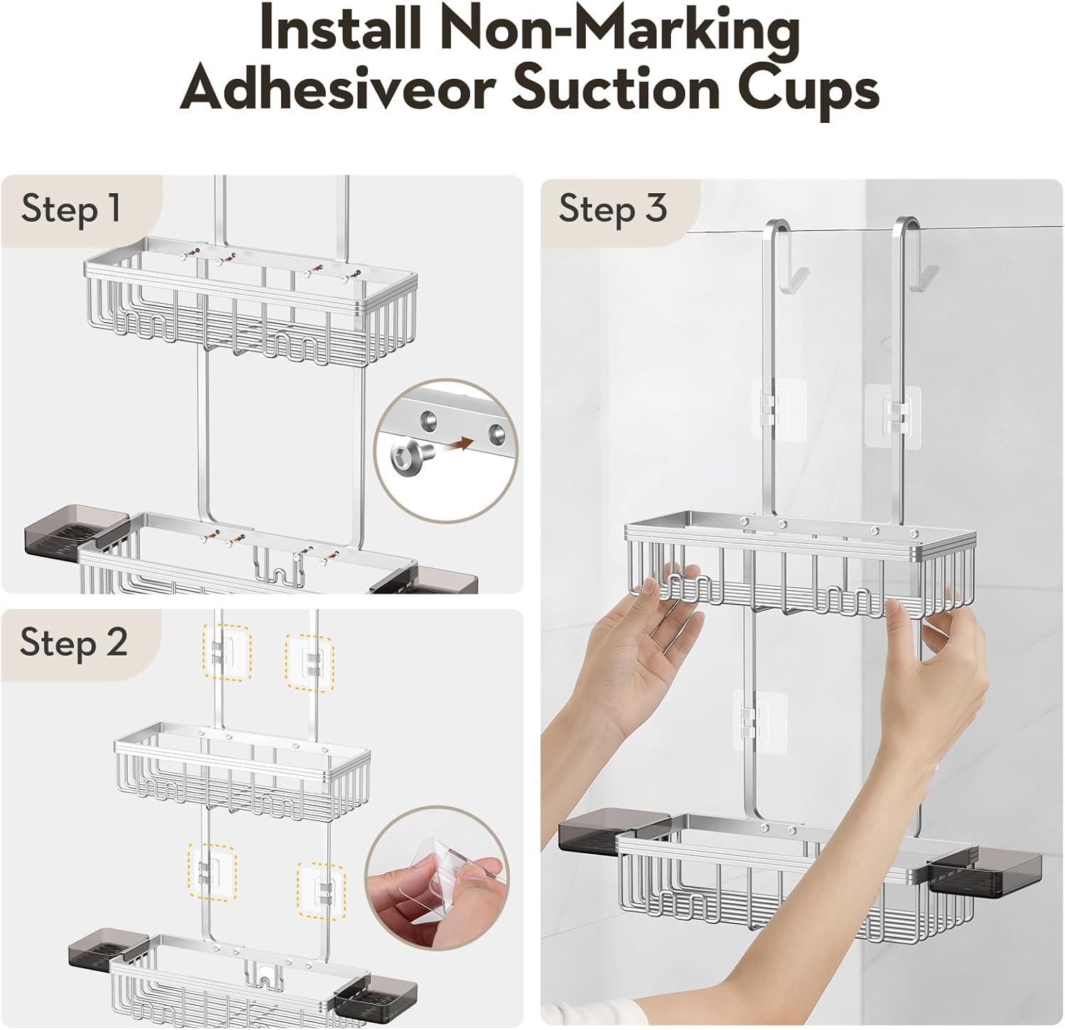 Over the Door Shower Caddy Hanging With Double Soap Holder Never Rust Aluminum Shower Shelf With 4 Hooks Hanging Bathroom Organizer No Drilling Shelves for Bathroom Storage Silver - Image 8