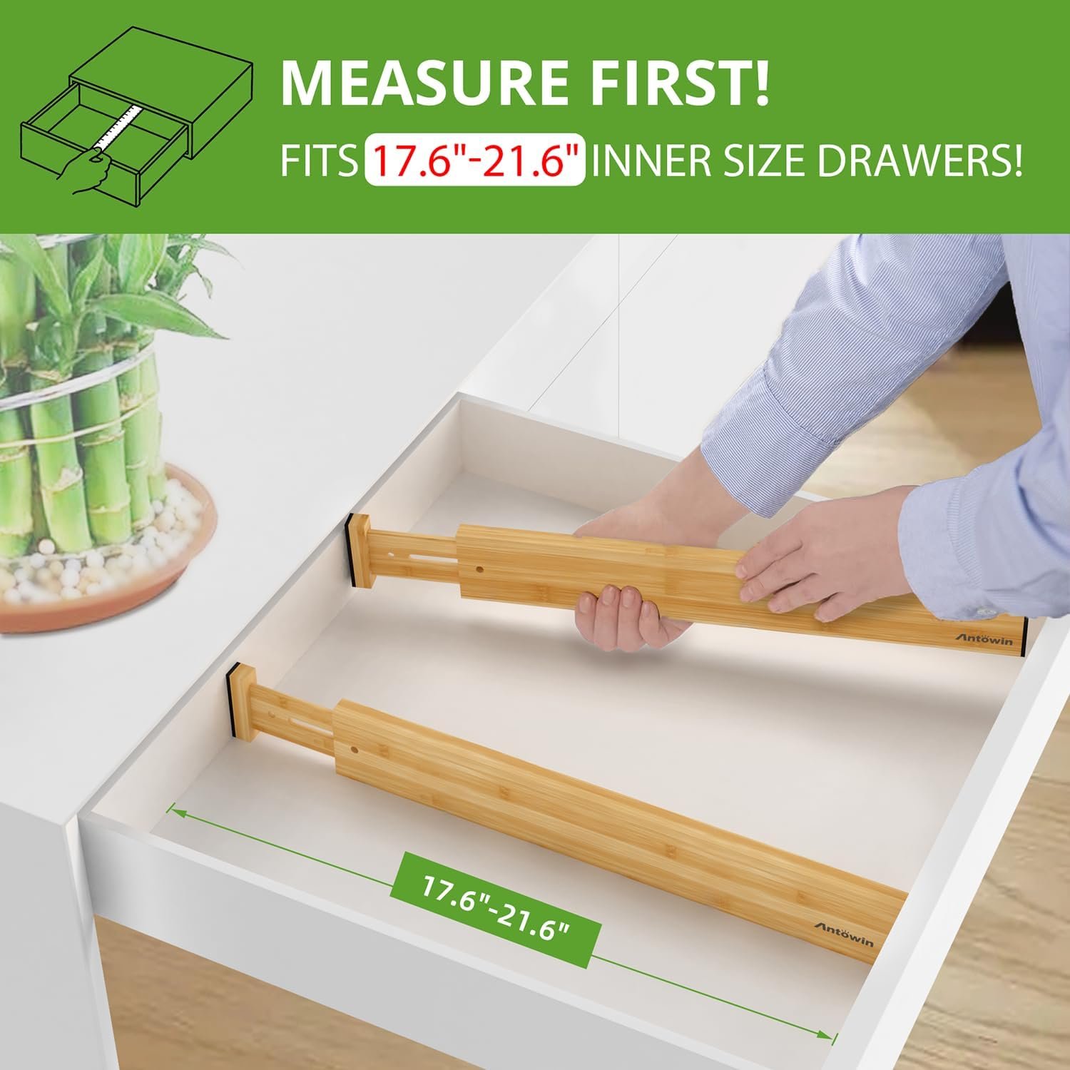 ANTOWIN 4 Pcs Expandable Bamboo Drawer Dividers, Fits 17.6-21.6" Drawers - Image 2