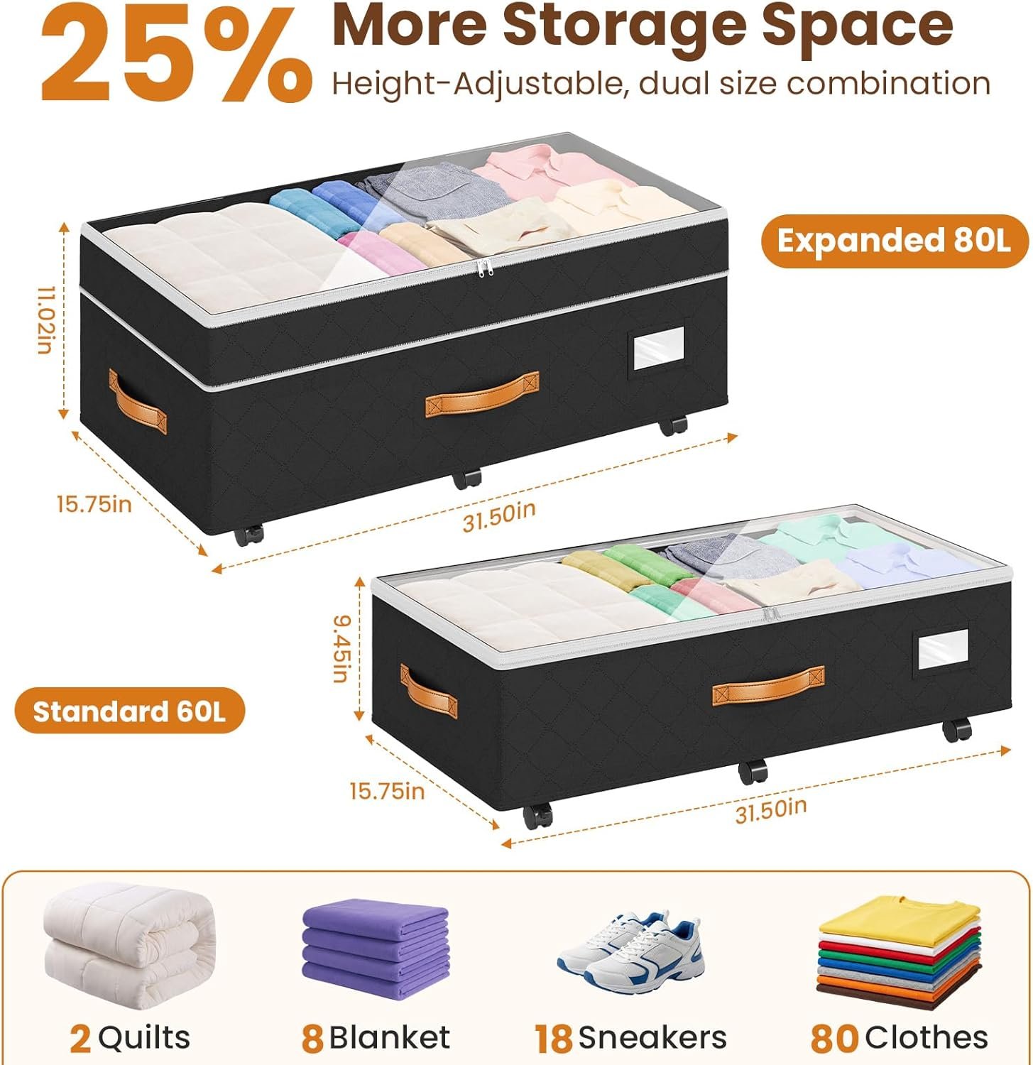 Budding Joy 80L 2 Pack Adjustable Under Bed Storage with Wheels - Image 2