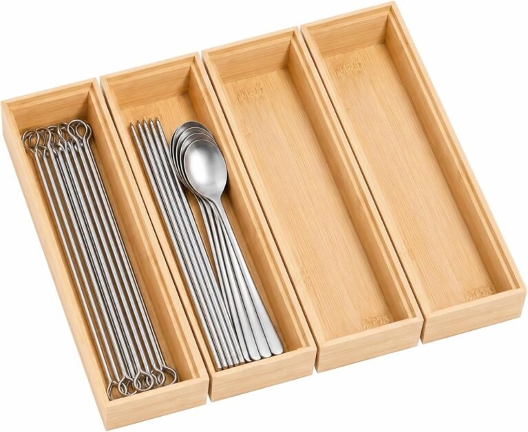 4PCS Bamboo Drawer Organizer Stackable Silverware Drawer Holder