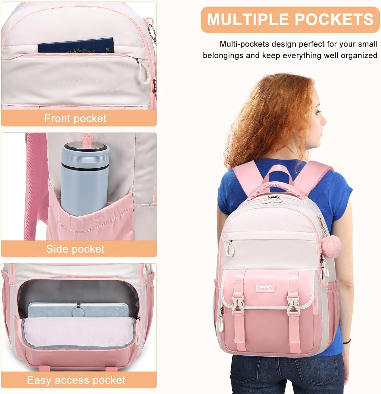 School Backpack for Teen Girls & College Students, 15.6 Inch Cute Anti-Theft Bookbag with Large Ergonomic Design, Middle High School Daypack Travel Backpack, Pink - Image 5