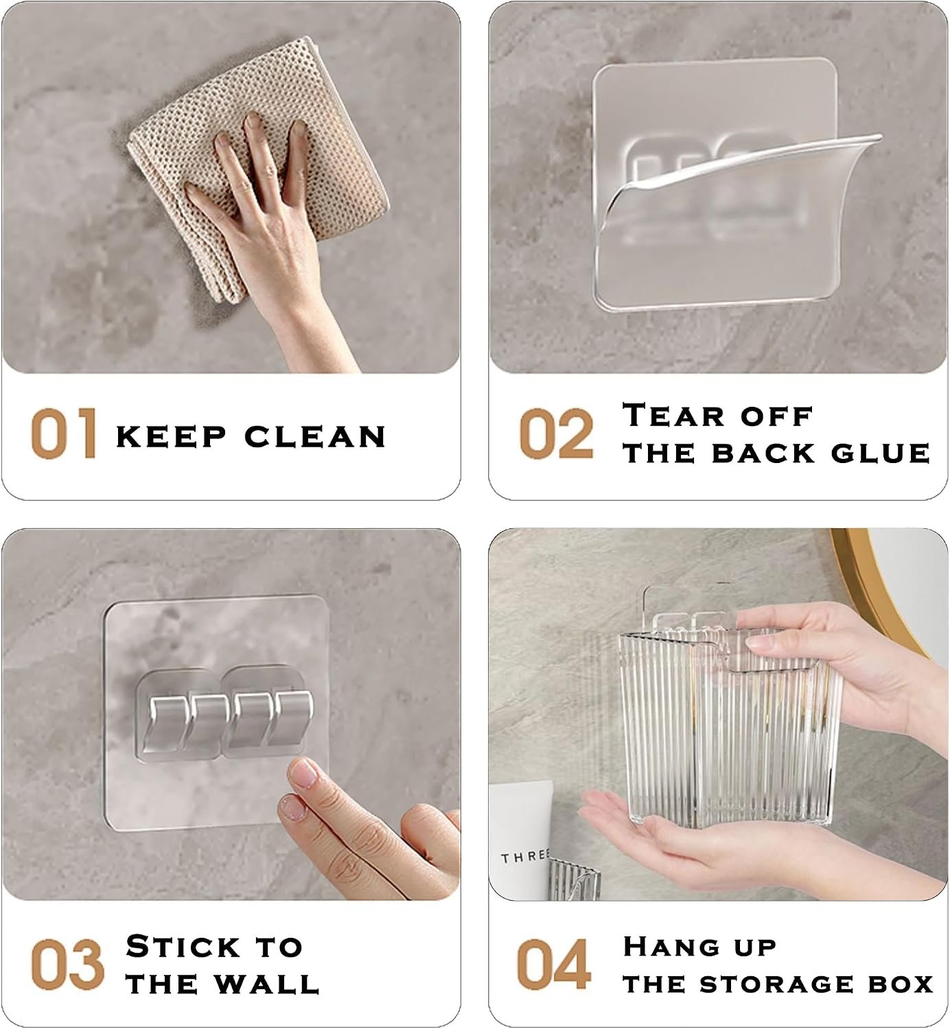 4 Pack Acrylic Wall Mount Organizer, Adhesive Cabinet Door Storage Bins, Clear Makeup Containers, Stackable Organizer Basket for Kitchen, Bathroom, Cabinet, Pantry, Office - Image 4