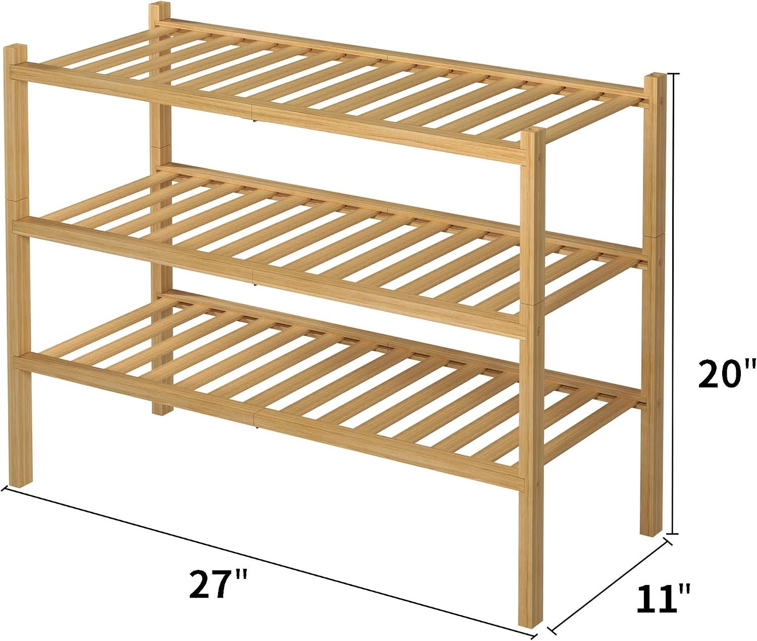 ROMGUAR CRAFT 3 Tier Bamboo Shoe Rack for Closet Free Standing Wood Shoe Shelf Storage Organizer for Entryway Small Space Stackable 27"x11"x20" (Natural) - Image 3